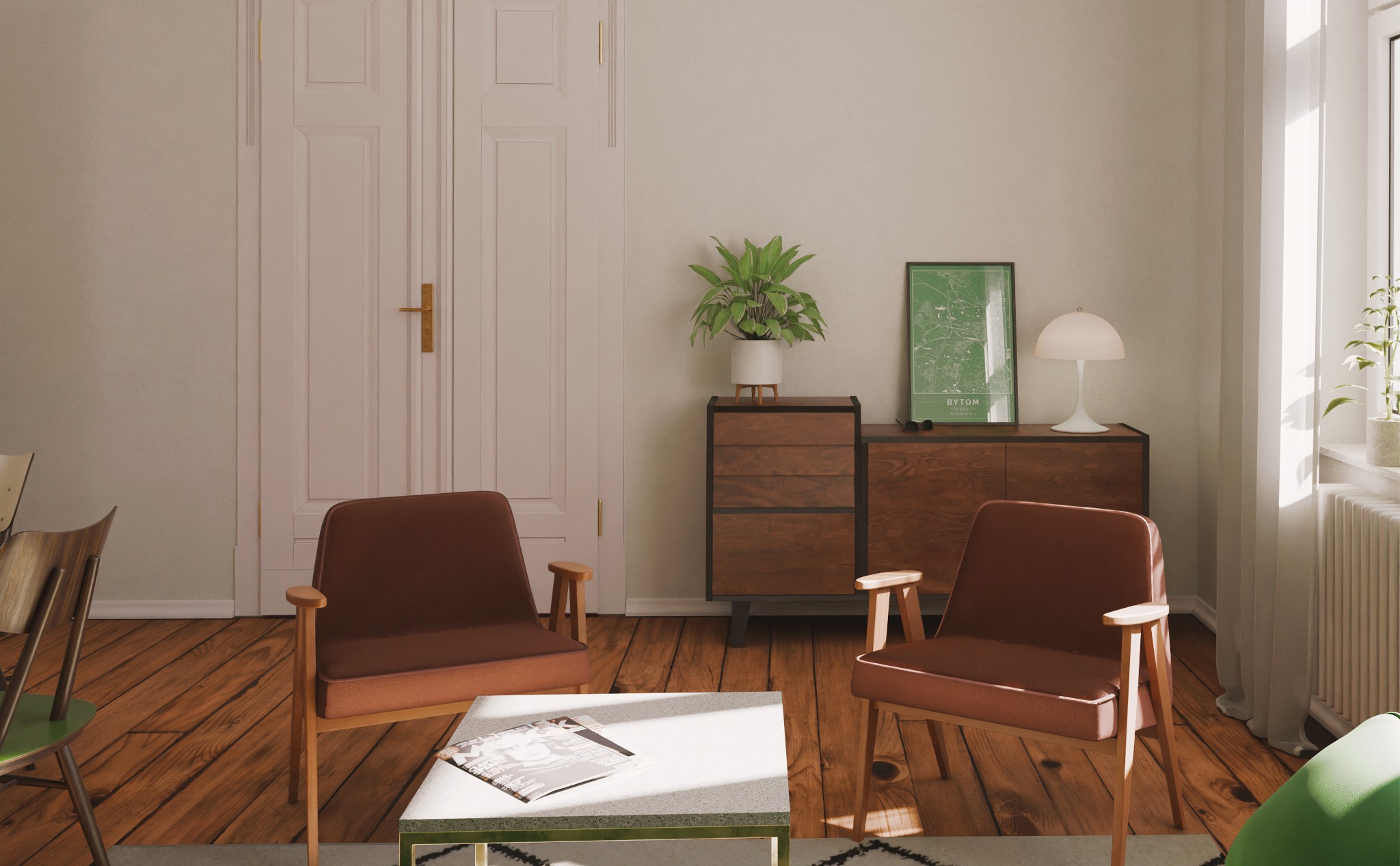 Stylowe wnętrze z drewnianą podłogą, brązowymi fotelami i białym stolikiem kawowym. Na komodzie roślina doniczkowa i plakat z mapą miasta Byton.