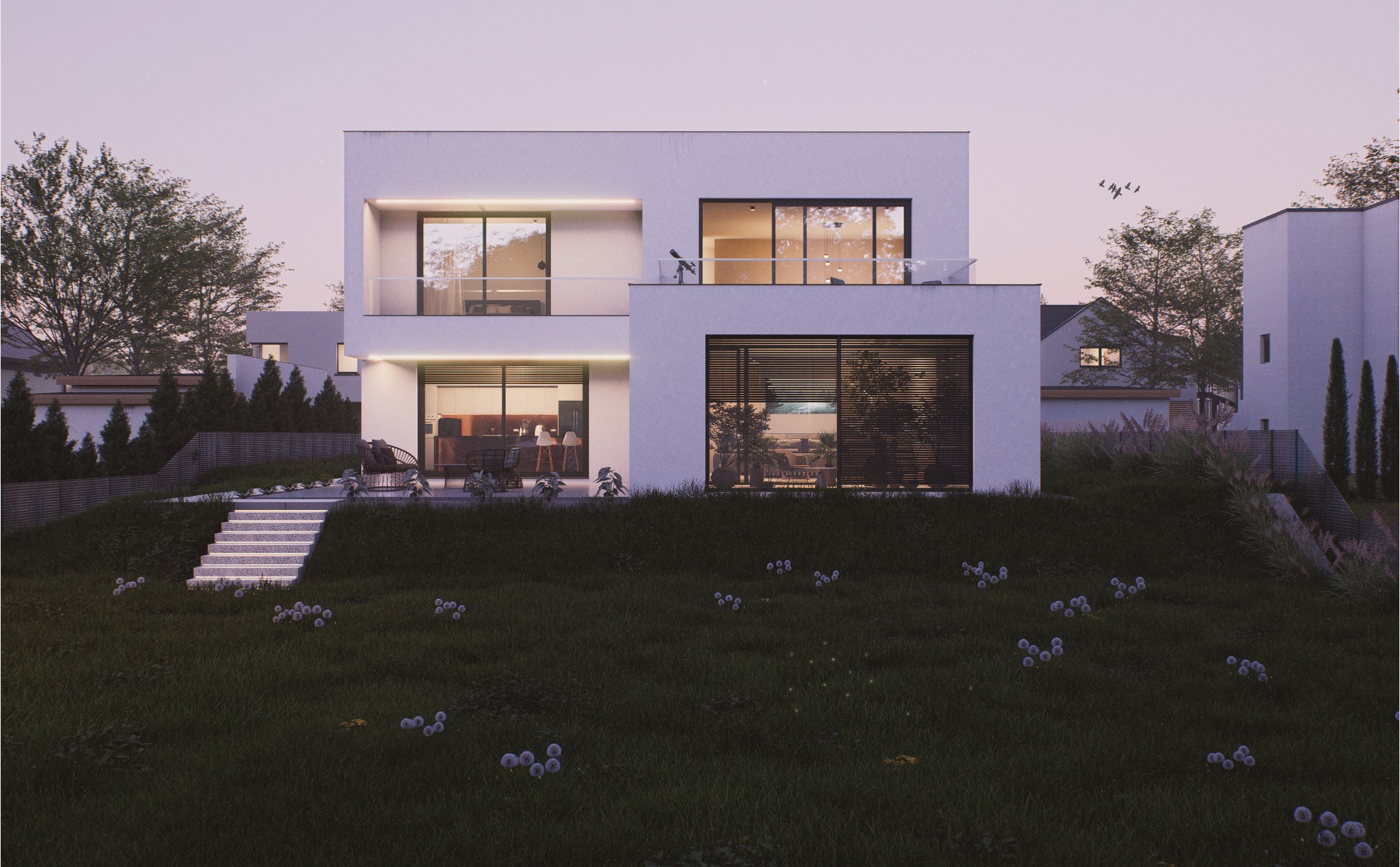 Nowoczesny, dwukondygnacyjny dom z płaskim dachem i dużymi oknami, oświetlony od wewnątrz, otoczony zielenią i schodami prowadzącymi do wejścia.