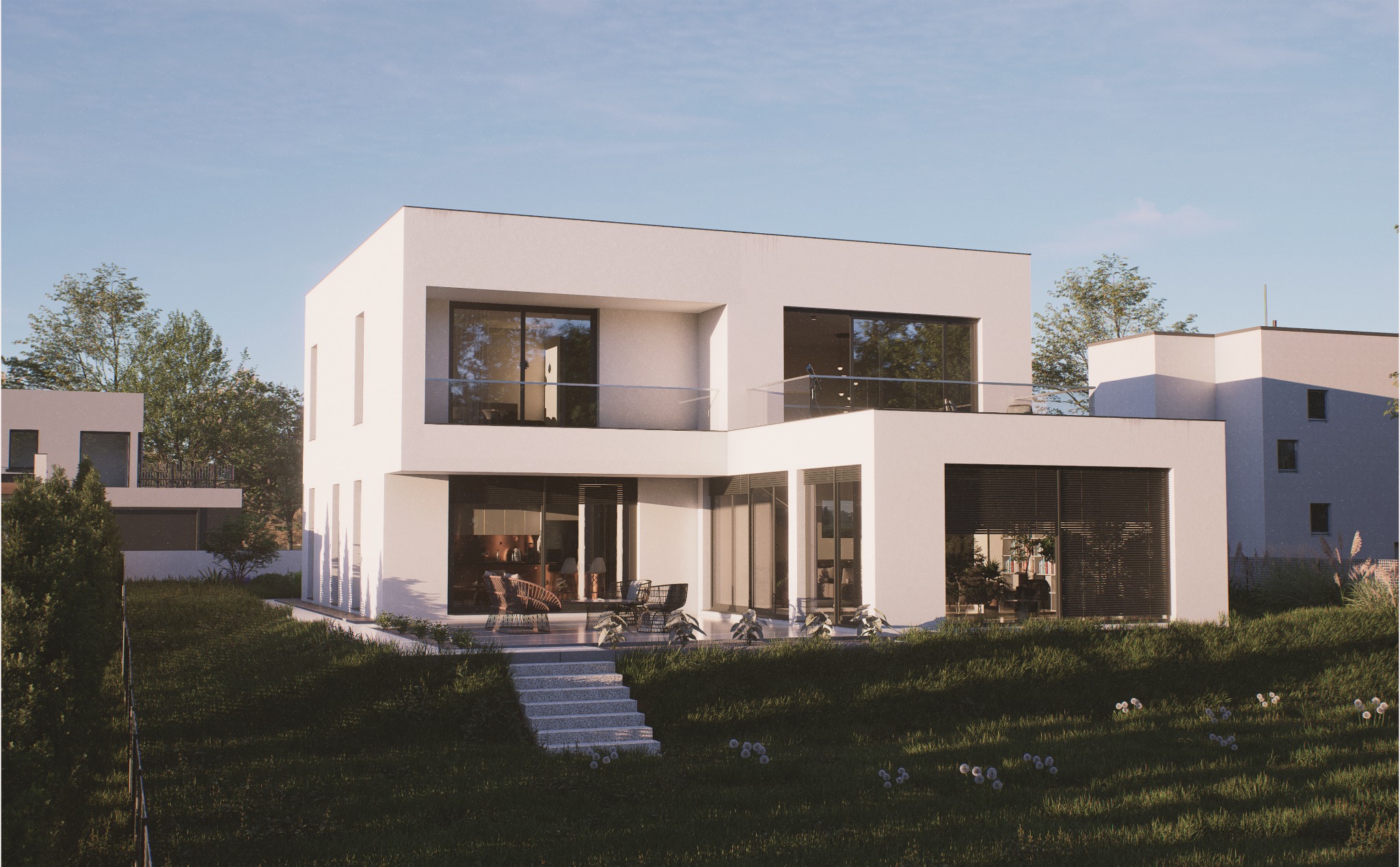 Wizualizacja nowoczesnego, dwukondygnacyjnego domu z płaskim dachem i dużymi przeszkleniami, otoczonego zielonym trawnikiem. Widoczny taras z meblami.