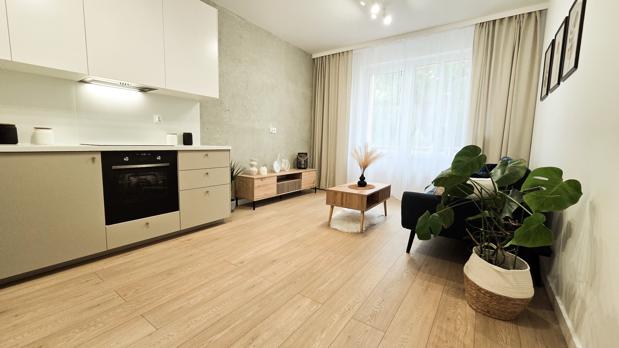 Jasne, przestronne wnętrze po remoncie: parkiet, zabudowa kuchenna z piekarnikiem, drewniana szafka RTV, sofa z rośliną, okno z zasłonami. Minimalistyczny design.