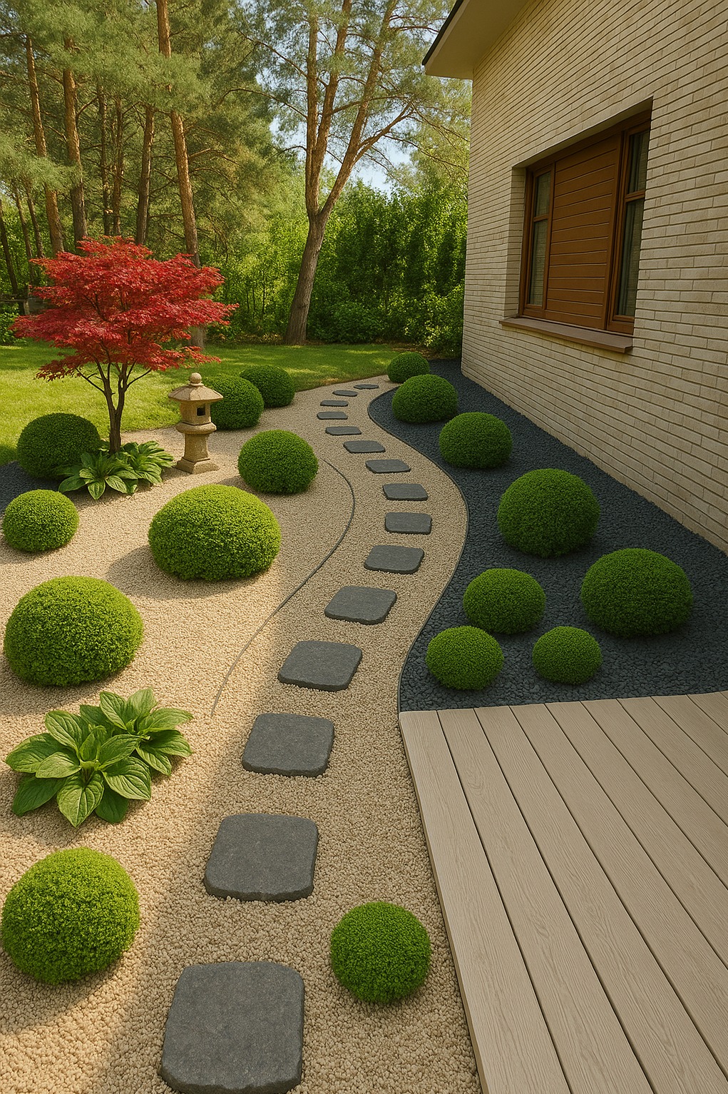 Ogród w stylu japońskim z ścieżką z kamiennych płyt, kulistymi krzewami i czerwonym klonem japońskim. Dekoracyjny żwir w dwóch kolorach. Widok z perspektywy.