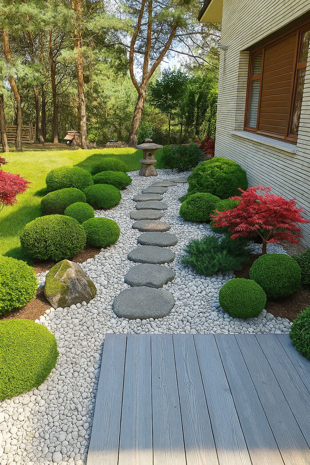 Ogród w stylu japońskim z kamienną ścieżką, kulistymi krzewami, czerwonym klonem i kamienną latarnią. Białe kamyki i drewniany taras dodają nowoczesnego akcentu.