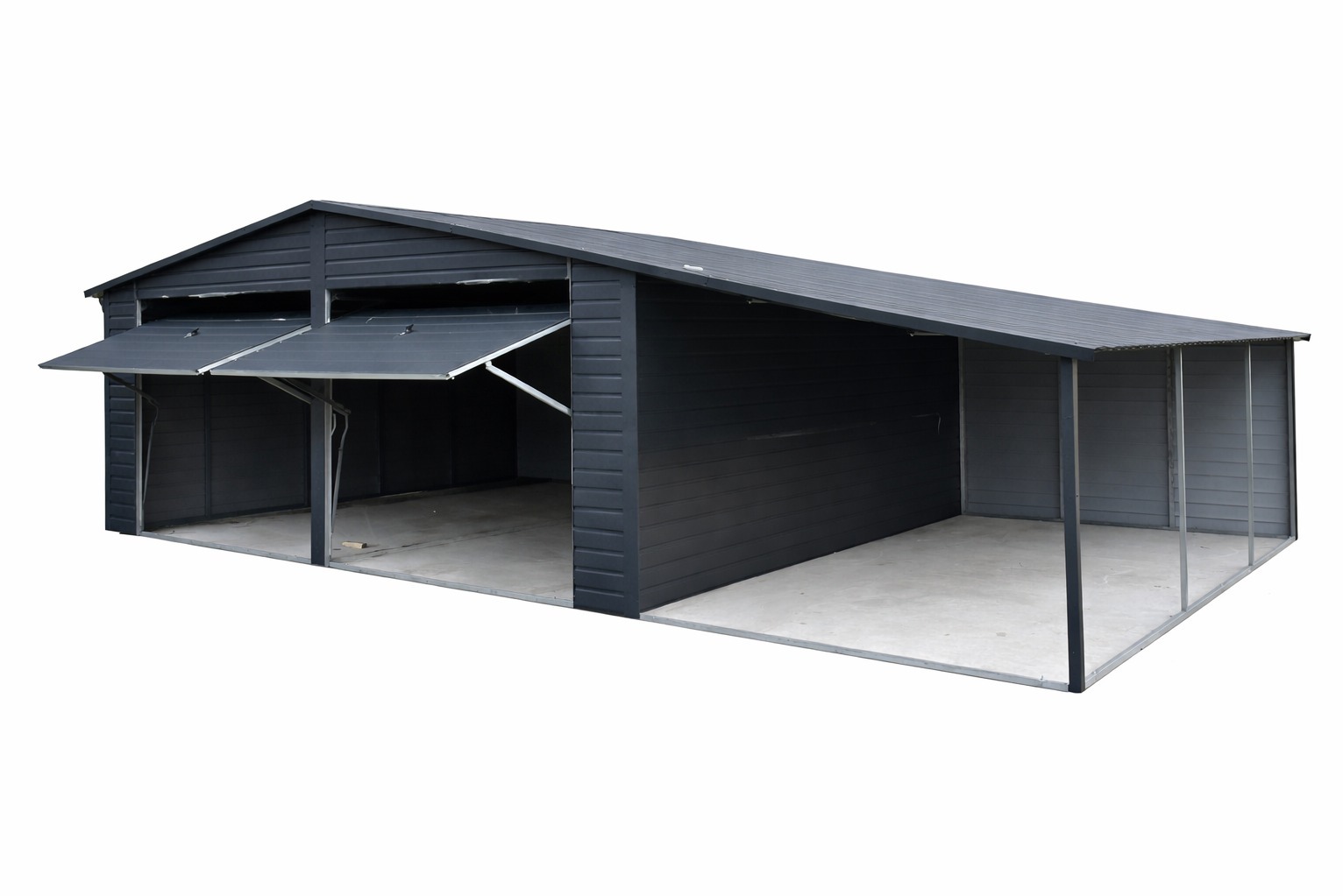 Garaż blaszany dwustanowiskowy z dachem dwuspadowym, w kolorze grafitowym, z otwartymi bramami uchylnymi i wiatą z boku. Widok z przodu, na białym tle.