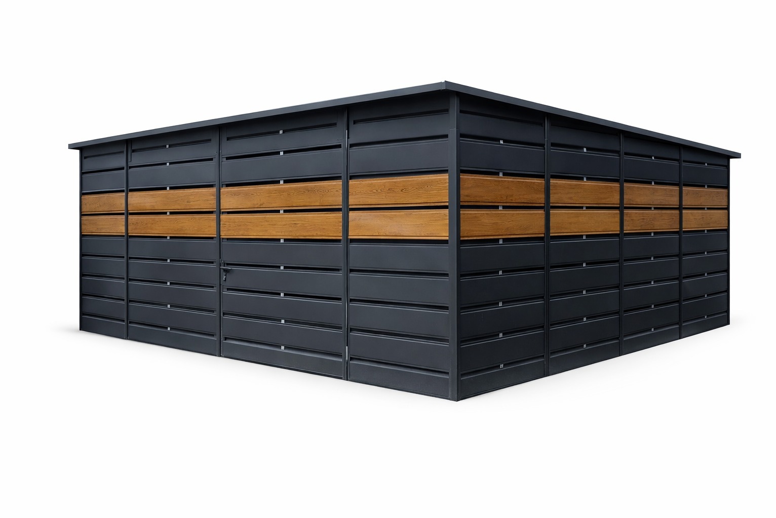 Nowoczesny garaż blaszany z poziomymi panelami w kolorze grafitowym i drewnopodobnymi akcentami, widoczny z perspektywy narożnej na białym tle.