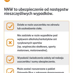 MONIKA NIEKURZAK - POŚREDNICTWO FINANSOWE - Grafika informacyjna NNW: zakres ubezpieczenia od następstw nieszczęśliwych wypadków, z wyłączeniami dla sportów ryzykownych i stanu nietrzeźwości.