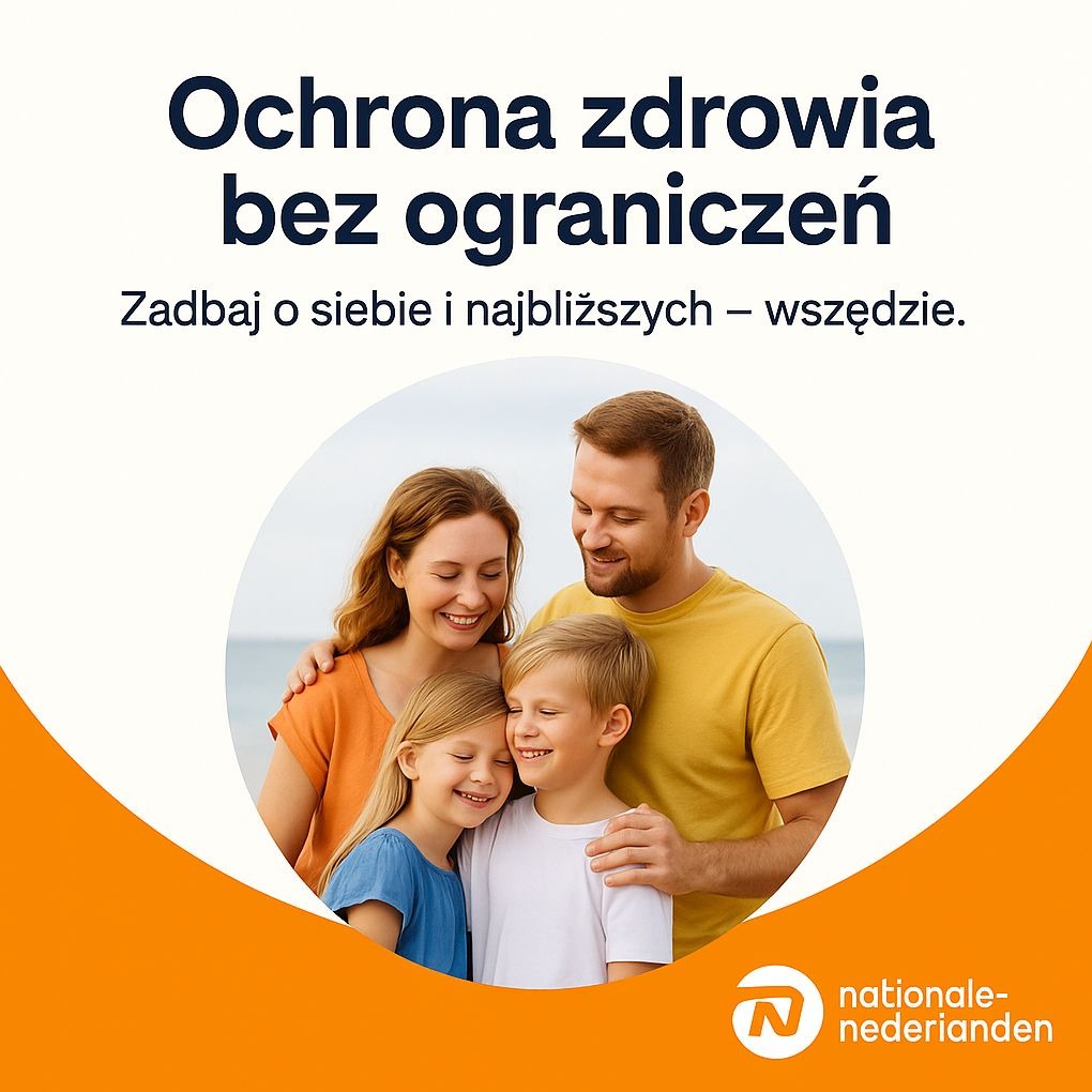 Uśmiechnięta rodzina (matka, ojciec, córka, syn) na tle morza, otoczona pomarańczową ramką z logo Nationale-Nederlanden. Tekst: Ochrona zdrowia bez ograniczeń.