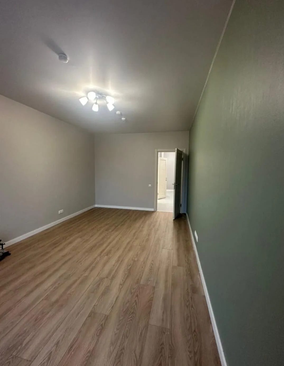 Wykończone wnętrze pokoju z drewnianą podłogą i świeżo pomalowanymi ścianami w odcieniach szarości i zieleni. Widoczne oświetlenie sufitowe i otwarte drzwi do kolejnego pomieszczenia.