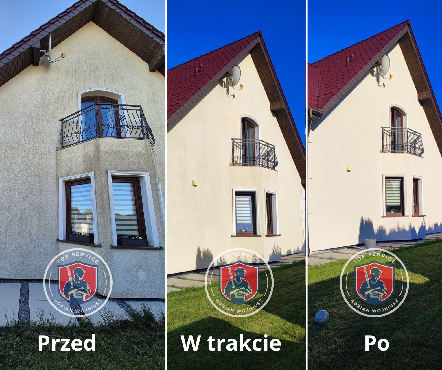 Elewacja domu w trzech etapach: przed myciem (zabrudzona), w trakcie (częściowo umyta) i po myciu (czysta). Widoczne okna, balkon i dach. Ujęcie w słoneczny dzień.