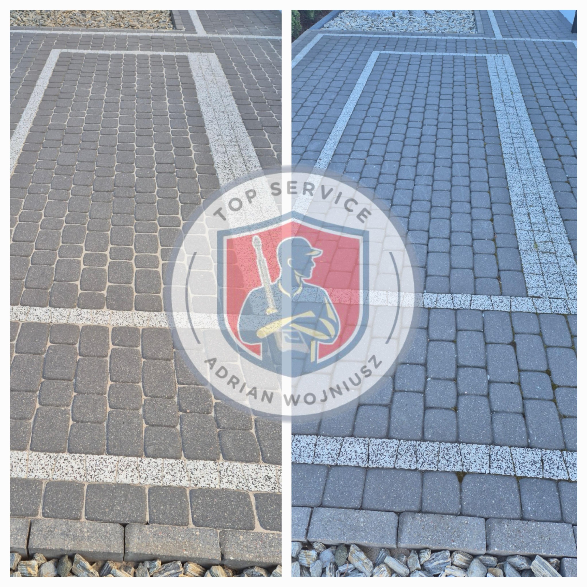 Zdjęcie 'przed i po' czyszczenia kostki brukowej z białymi liniami, ukazujące różnicę w wyglądzie. Po prawej stronie kostka jest czysta i ma intensywny kolor.