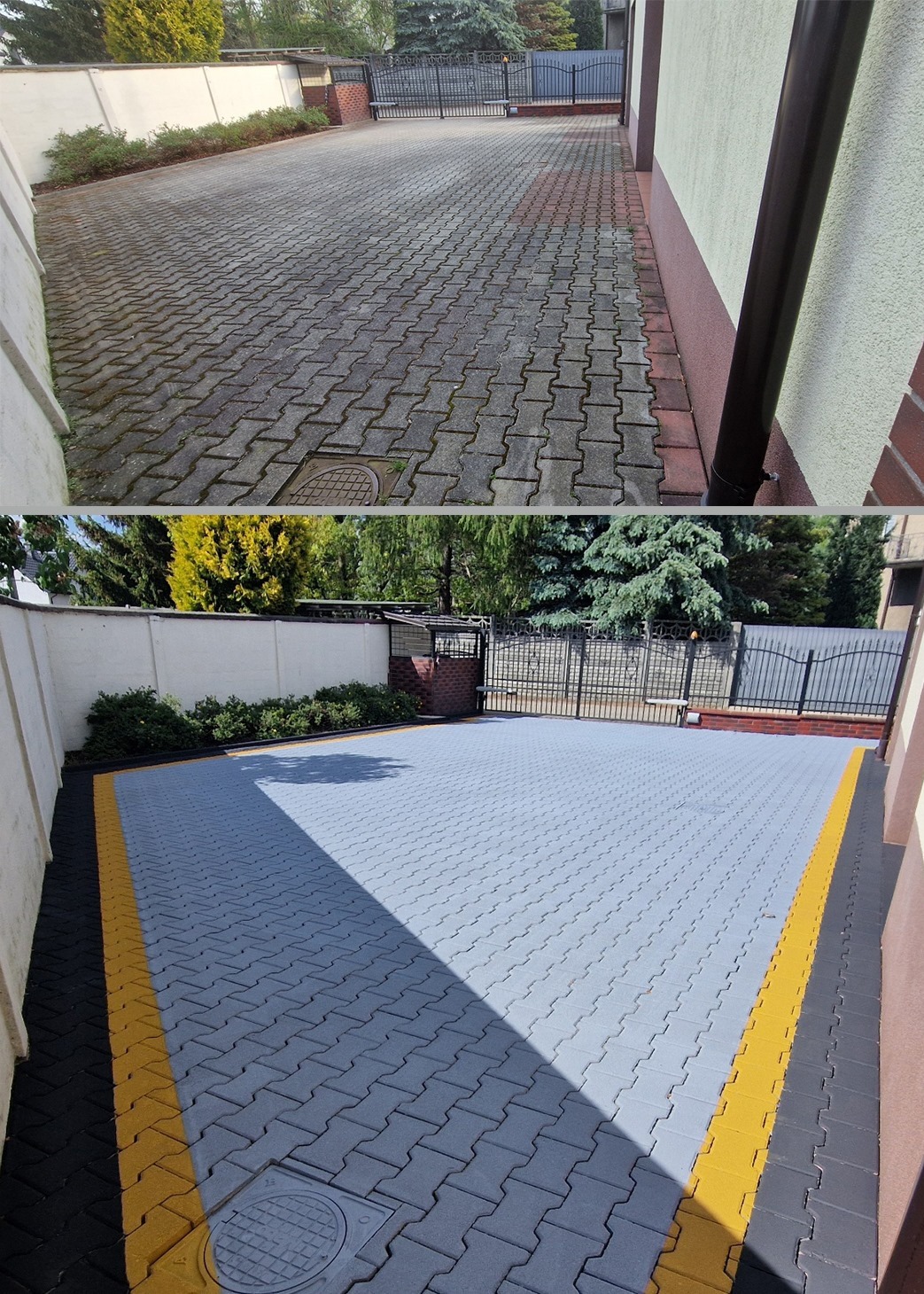 Kostka brukowa przed i po malowaniu: szara, pokryta mchem kontra odświeżona, szaro-żółta. Widoczne detale: studzienka kanalizacyjna, brama w tle, ściana budynku.
