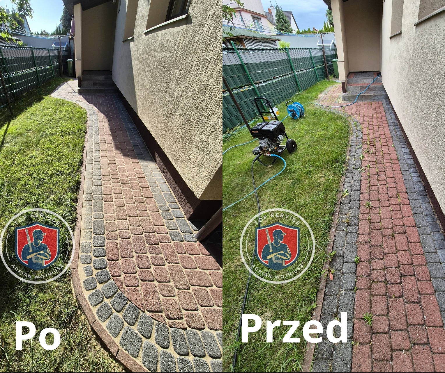 Kostka brukowa przed i po czyszczeniu myjką ciśnieniową. Widoczne różnice w kolorze i czystości. Maszyna czyszcząca na trawniku, zielony płot w tle.