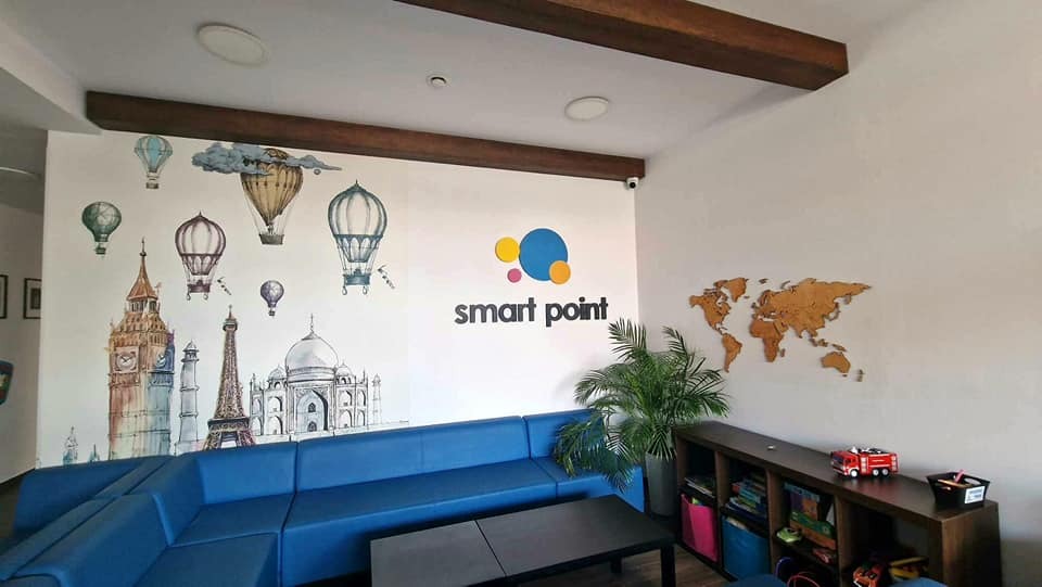 Jasne wnętrze z niebieską sofą, ścianą z motywami podróżniczymi (balony, budowle), drewnianą mapą świata i kamerą monitoringu pod sufitem.