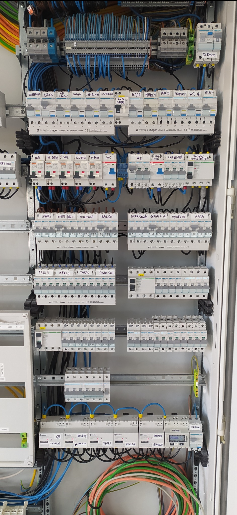 Rozdzielnica elektryczna z licznymi zabezpieczeniami i okablowaniem, z opisami obwodów (np. salon, kuchnia, sypialnia) wykonanymi odręcznie na obudowach wyłączników.