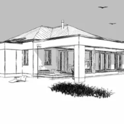 Szkic domu jednorodzinnego z podjazdem i tarasem, widok z perspektywy, zarys mebli ogrodowych i roślinności.