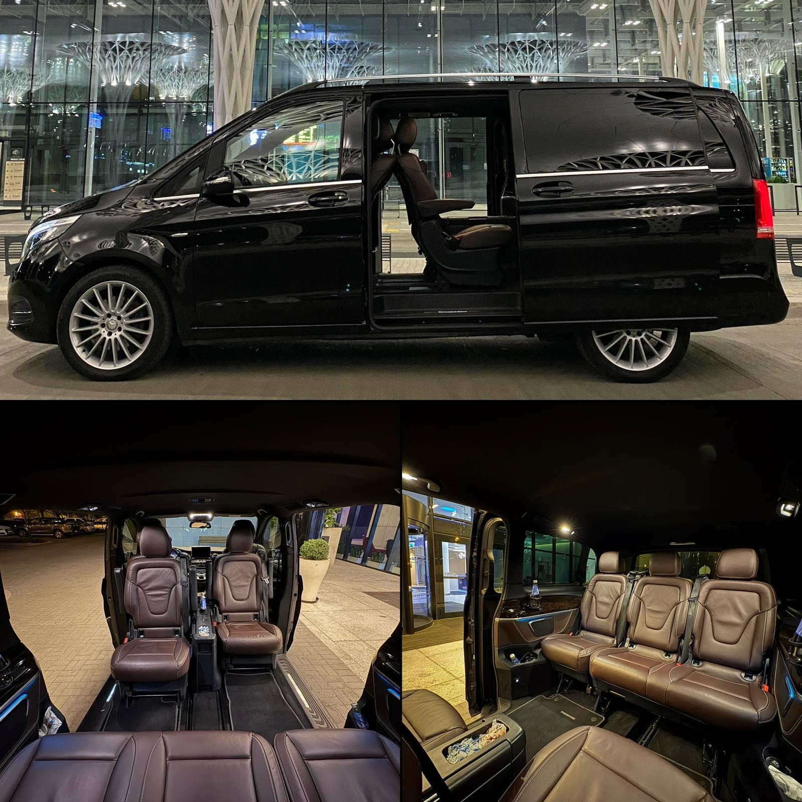 Czarny, luksusowy van Mercedes z otwartymi drzwiami, ukazujący przestronne, skórzane wnętrze. Widok z zewnątrz i wnętrza, nowoczesny design, nocne oświetlenie.