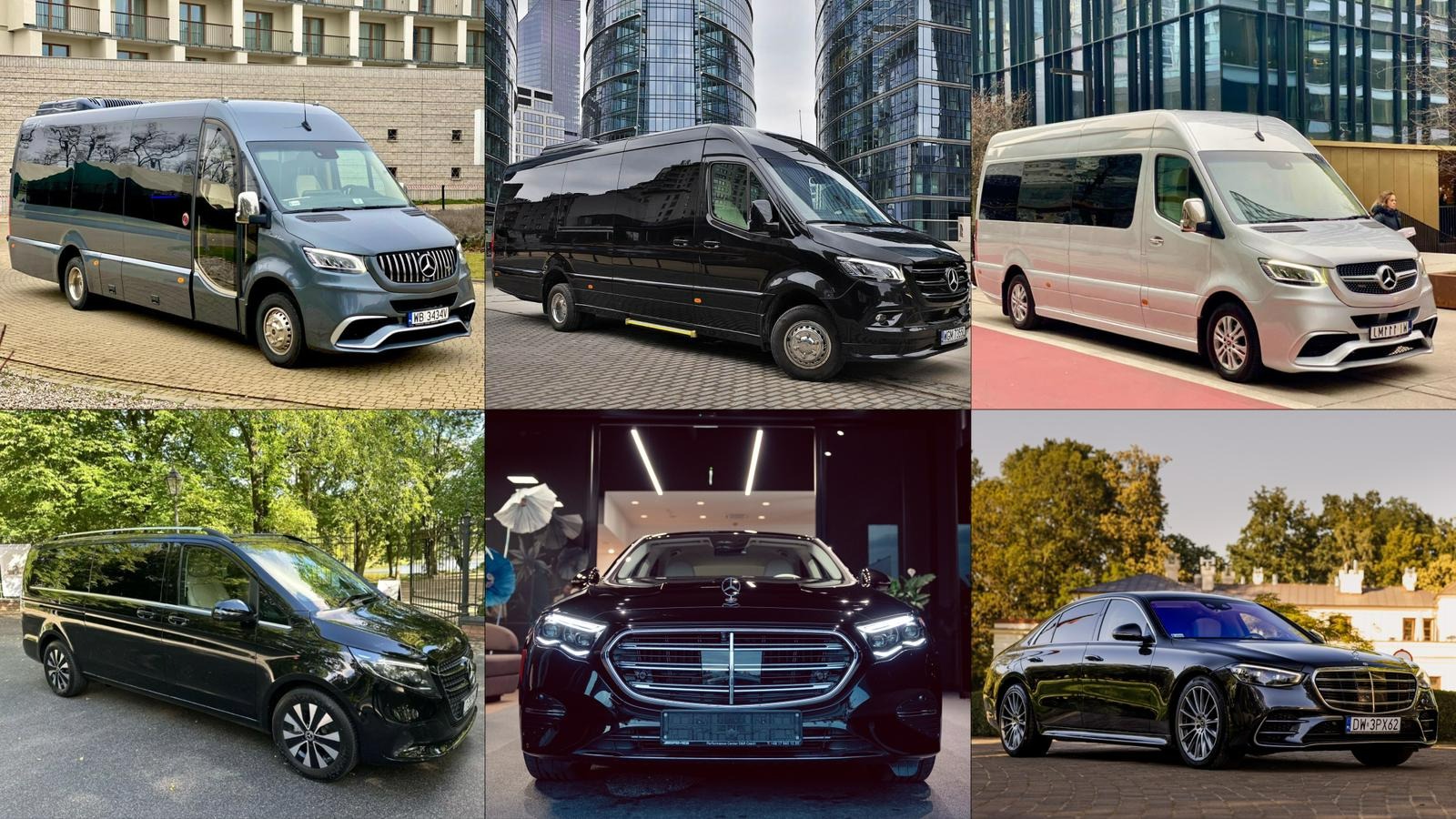 Kolaż sześciu zdjęć: luksusowe busy i limuzyny Mercedes-Benz w różnych kolorach i ujęciach, prezentujące flotę pojazdów do wynajęcia lub przewozu osób.