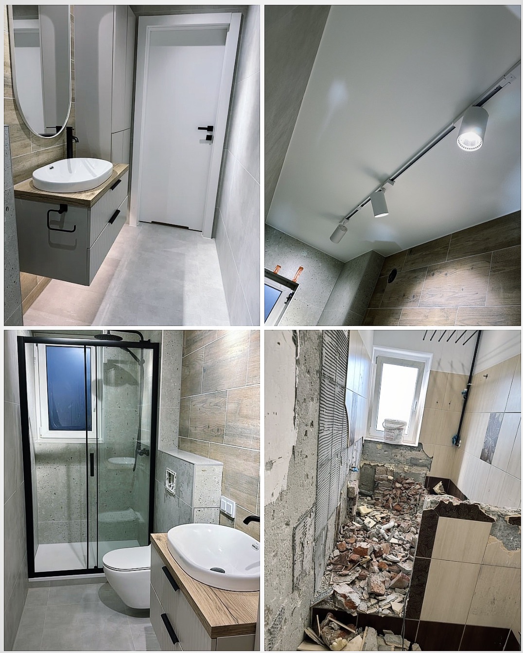 Kolaż: nowoczesna łazienka z umywalką na szafce, kabina prysznicowa i sufit z oświetleniem szynowym oraz etap demontażu płytek. Jasne płytki imitujące drewno.