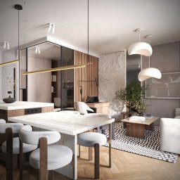 Alicja Kobiałka Interiors - Eleganckie wnętrze z wyspą kuchenną z kamienia, drewnianymi krzesłami barowymi i otwartą przestrzenią biurową z teksturowaną ścianą. Nowoczesne oświetlenie.