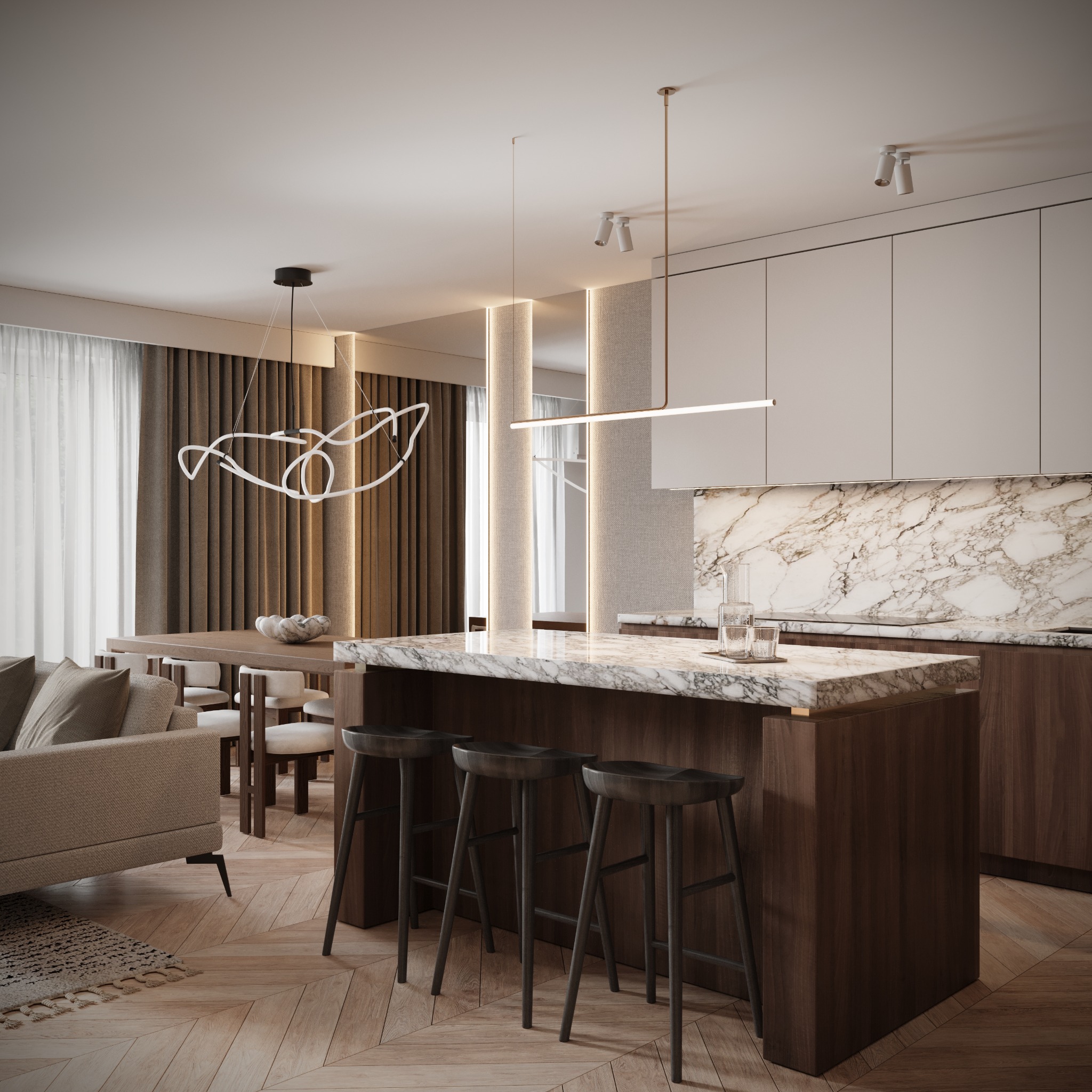 Elegancka aranżacja wnętrza: drewniana podłoga w jodełkę, wyspa kuchenna z marmurowym blatem, nowoczesne oświetlenie i minimalistyczne meble w stonowanych barwach.