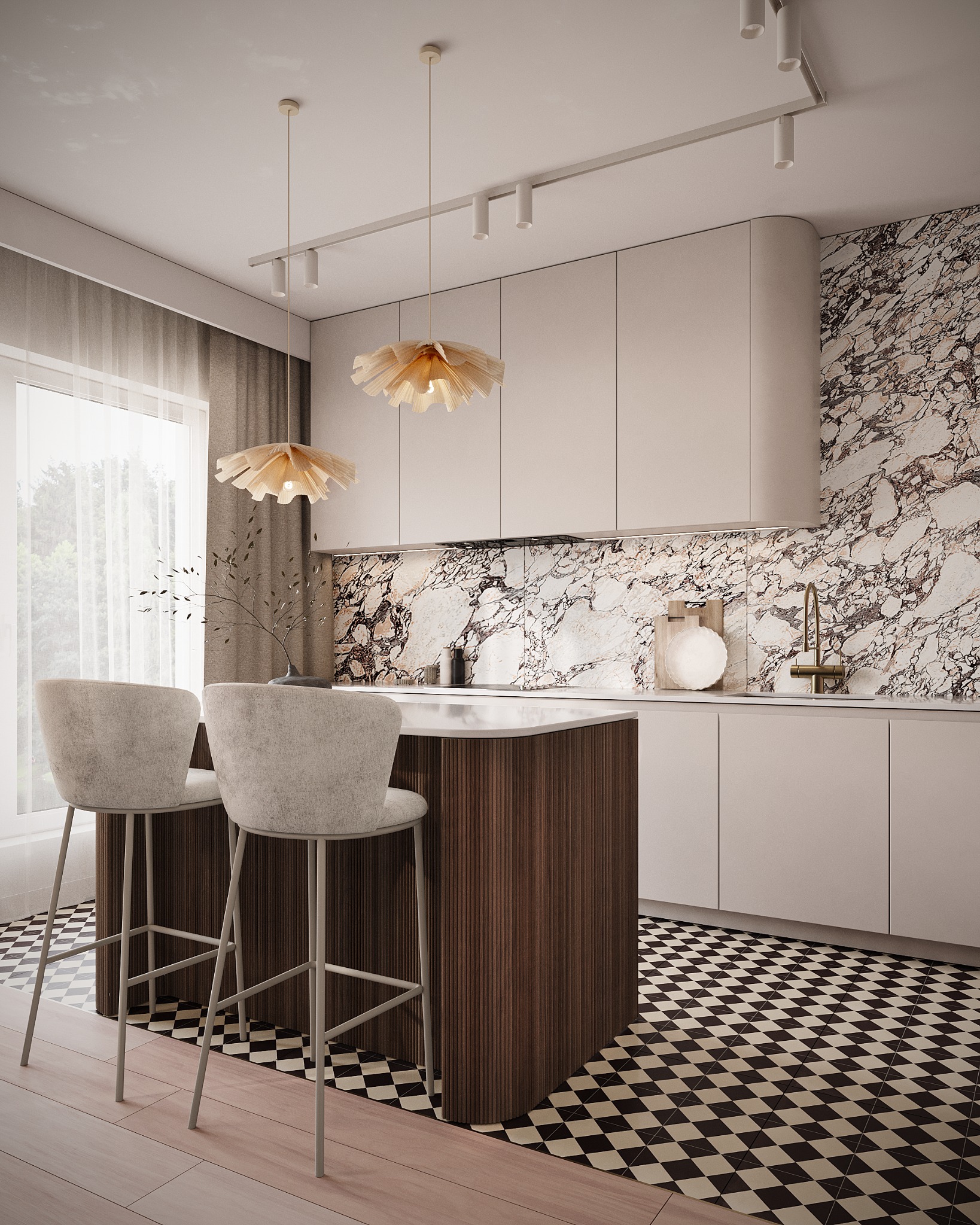 Nowoczesna kuchnia z wyspą, marmurowym backsplashiem i designerskimi lampami. Dwa krzesła barowe przy wyspie. Podłoga w czarno-białą szachownicę. Jasne, naturalne światło.
