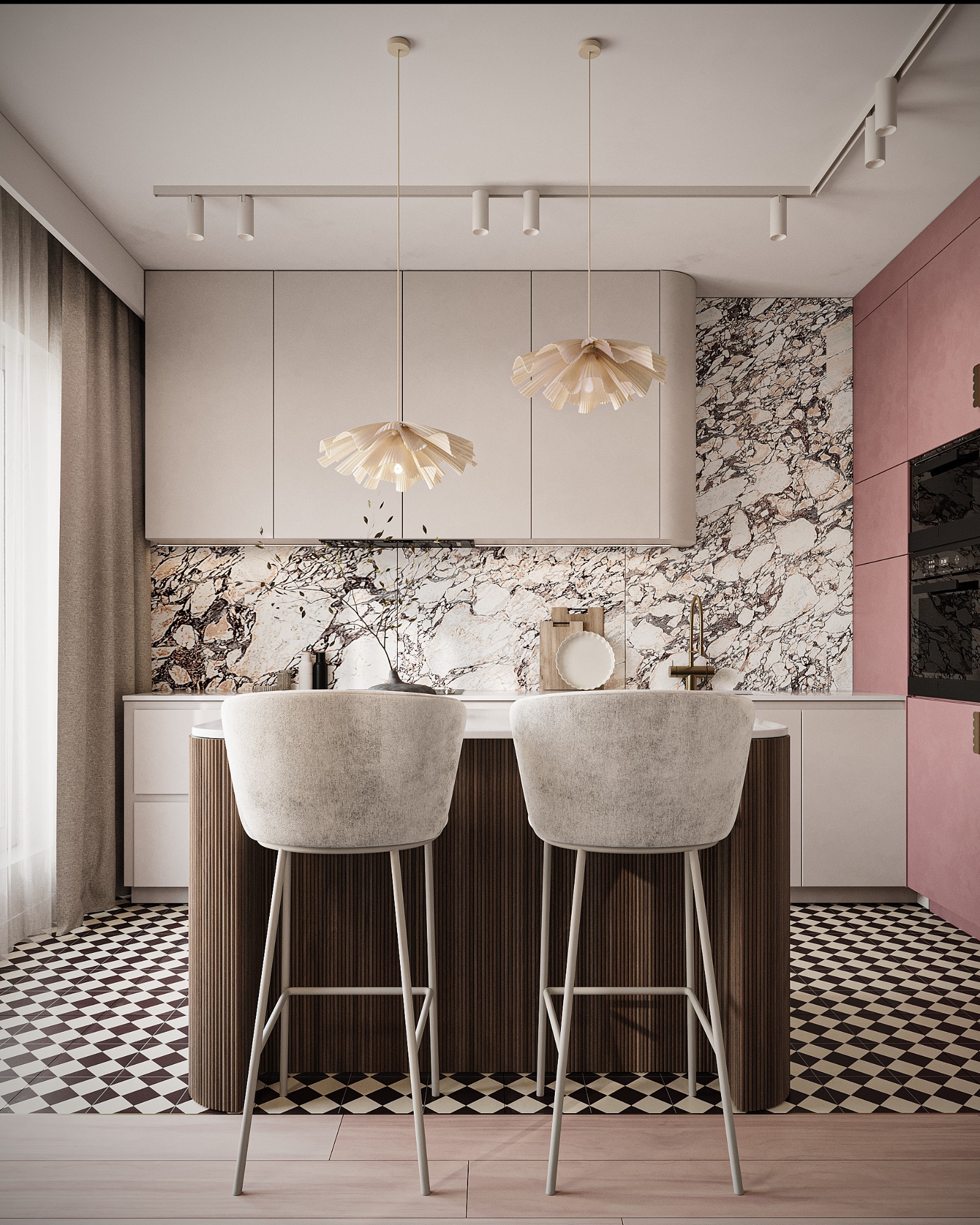 Nowoczesna kuchnia z wyspą, marmurowym backsplashiem i designerskimi lampami. Dwa krzesła barowe stoją przed wyspą na tle czarno-białej podłogi.