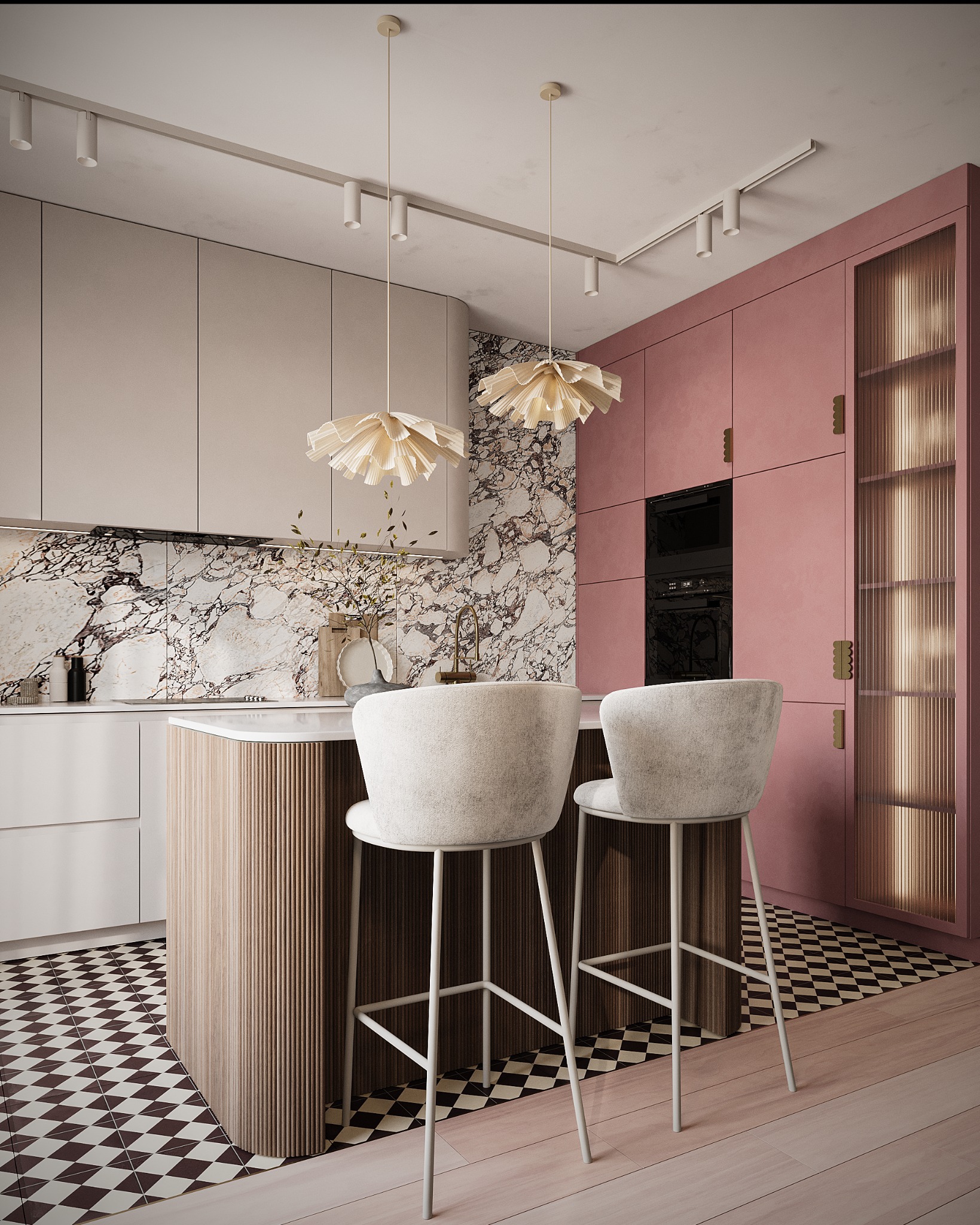 Nowoczesna kuchnia z marmurowym blatem, różowymi szafkami i drewnianą wyspą. Dwie lampy w kształcie kwiatów nad wyspą. Parkiet i czarno-biała podłoga.