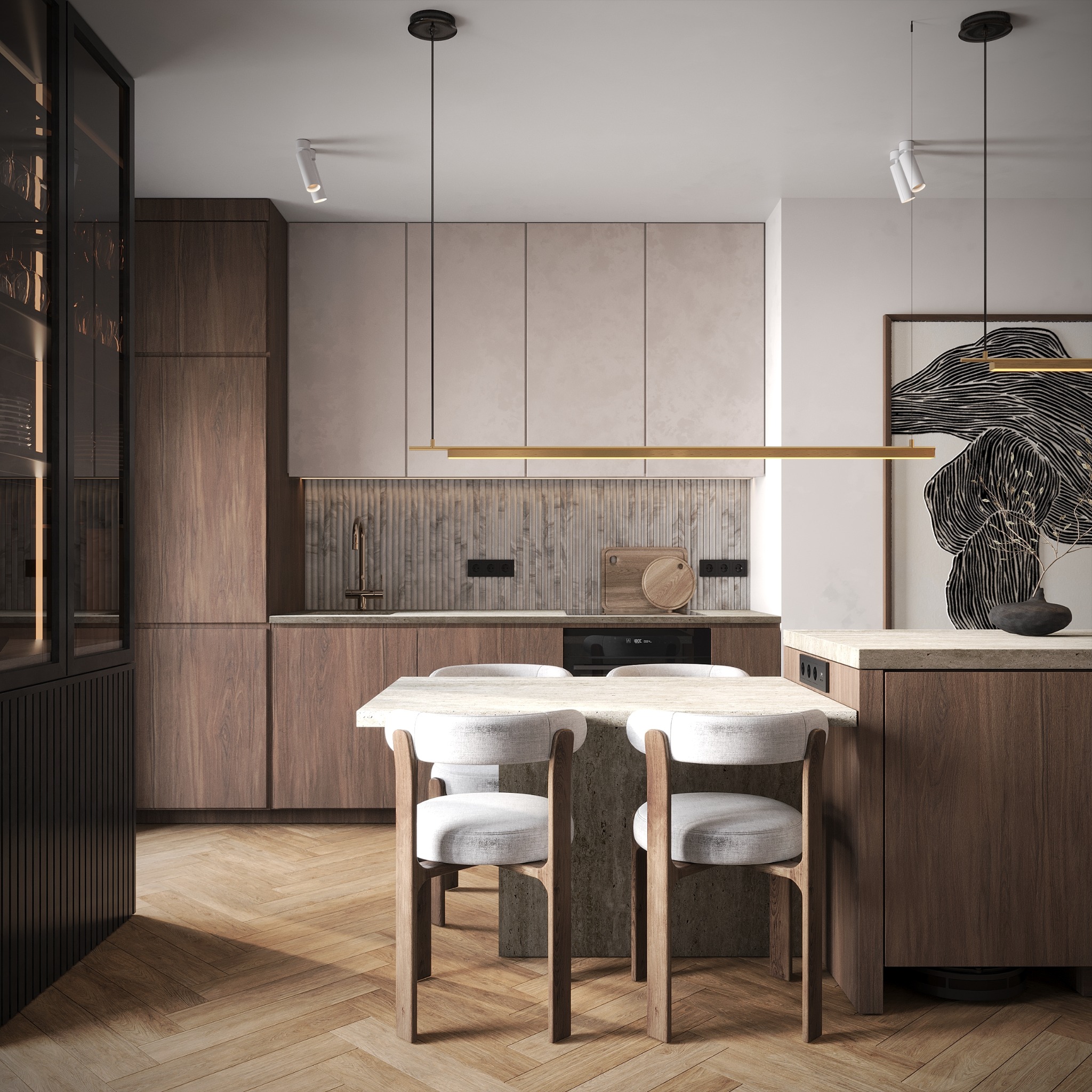 Nowoczesna kuchnia z drewnianymi szafkami, wyspą z kamiennym blatem i krzesłami. Nad wyspą złota, liniowa lampa. Na ścianie abstrakcyjny obraz w czarnej ramie.