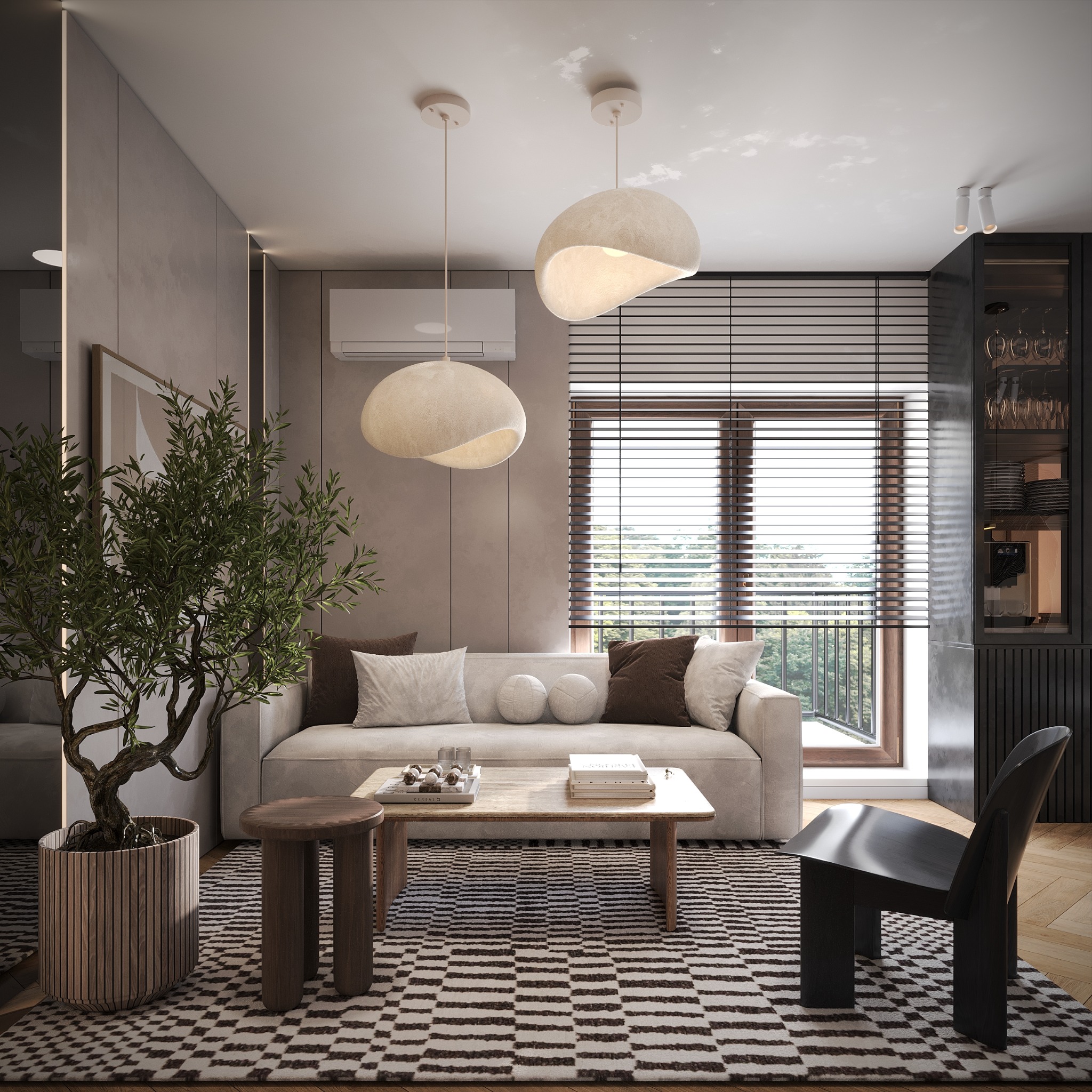 Neutralna aranżacja salonu z sofą, stolikiem kawowym i rośliną w donicy. Minimalistyczne lampy wiszące i wzorzysty dywan dodają charakteru wnętrzu.