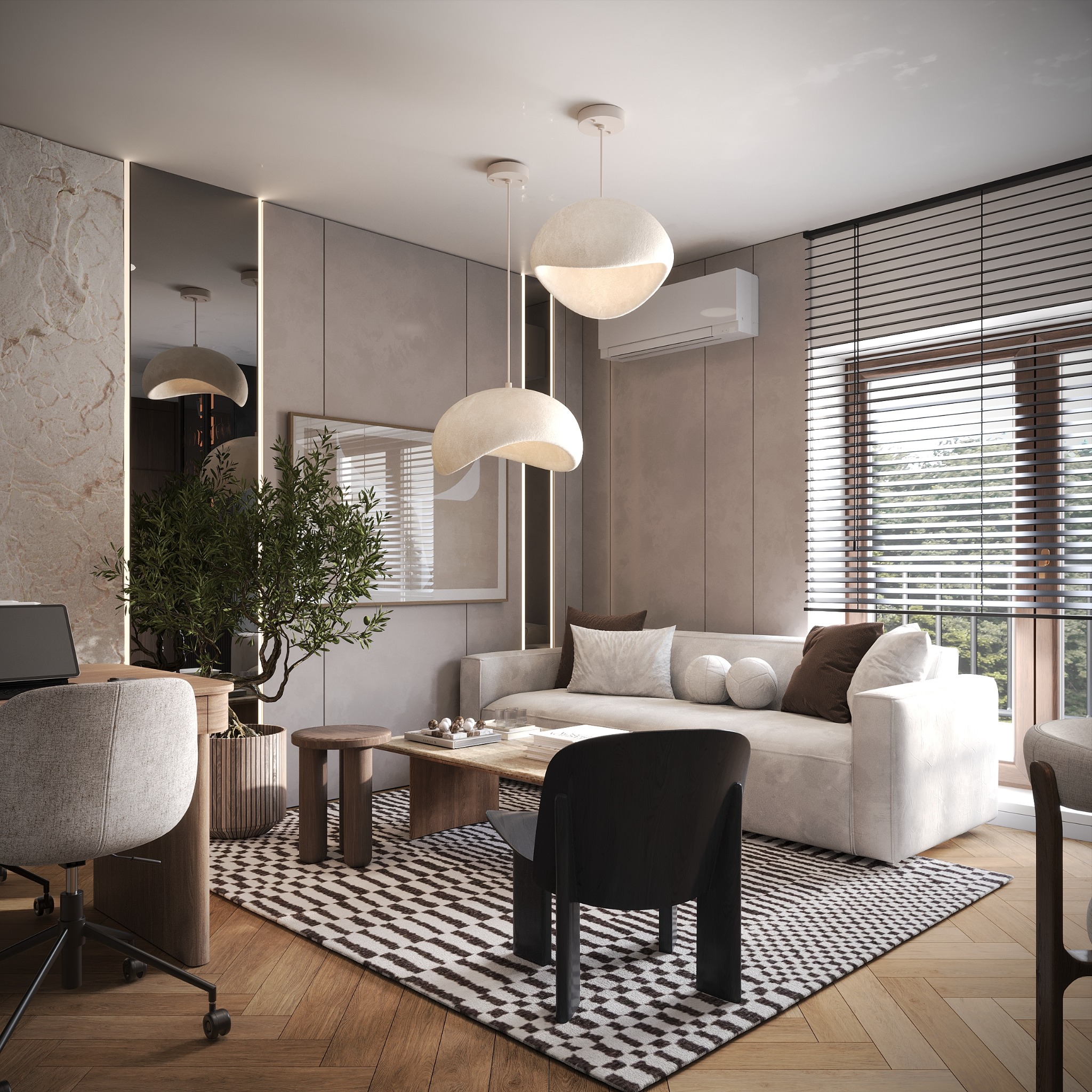 Nowoczesny salon z biurem: beżowa sofa, drewniany parkiet, dywan w geometryczny wzór, designerskie lampy i biurko z laptopem. Stonowana kolorystyka, minimalistyczny styl.