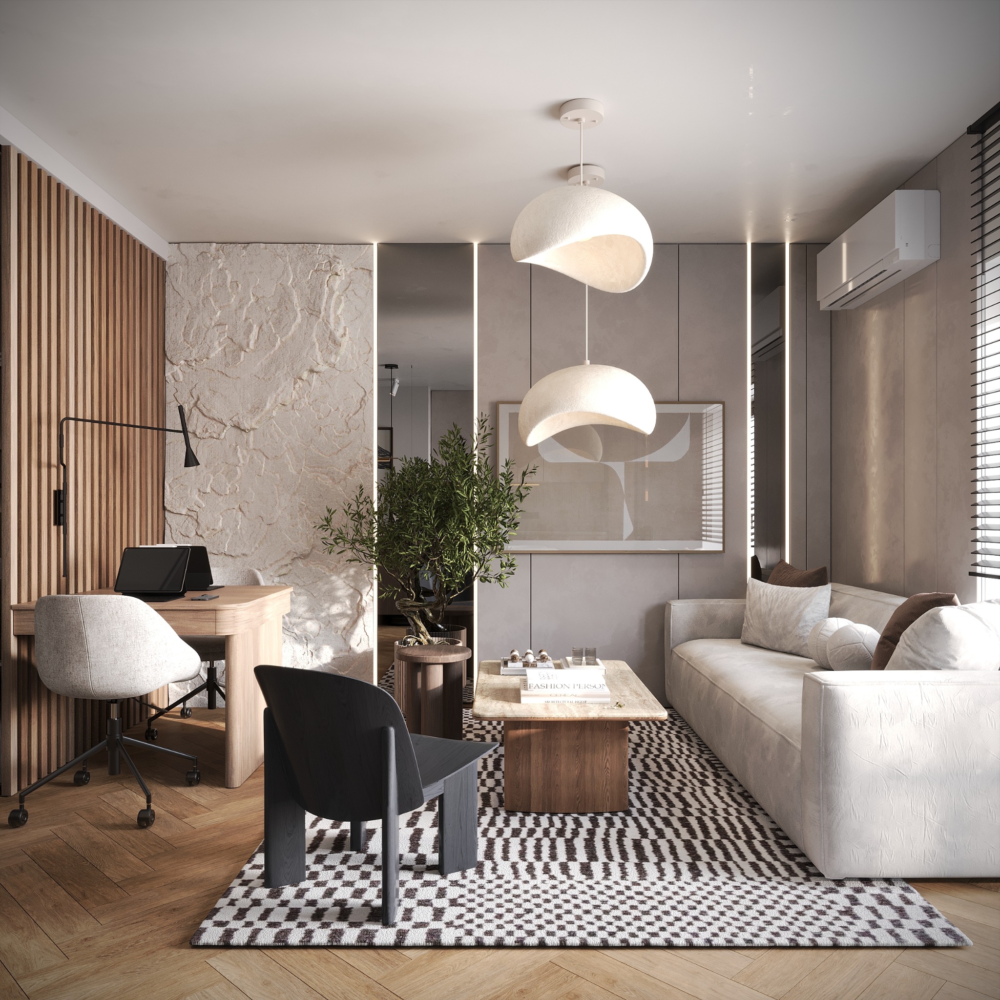 Nowoczesny salon z biurem: drewniane lamele, teksturowana ściana, designerskie lampy, sofa i dywan w geometryczny wzór. Stonowana kolorystyka, minimalistyczny styl.