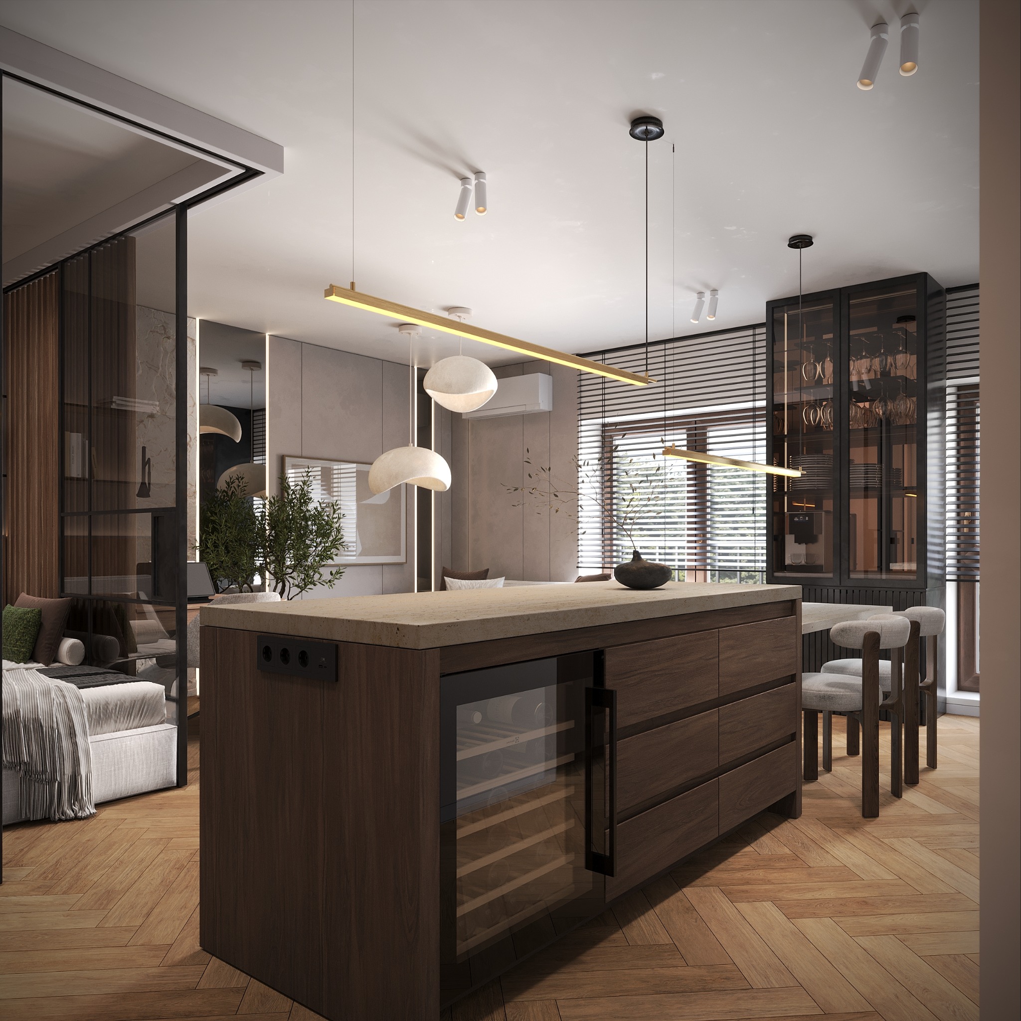 Nowoczesna aranżacja wnętrza z wyspą kuchenną z wbudowaną chłodziarką do wina, drewnianą podłogą w jodełkę i minimalistycznym oświetleniem.