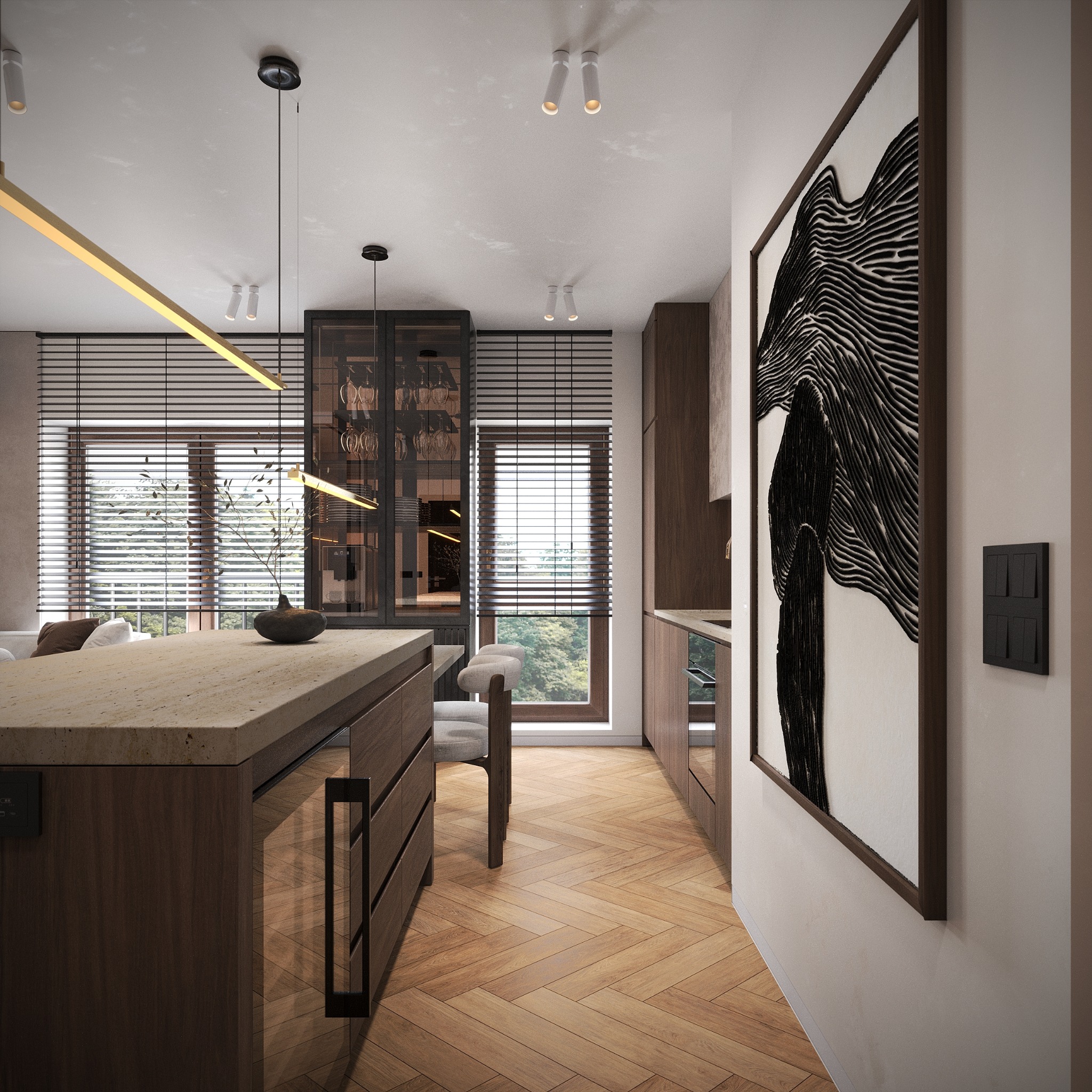 Nowoczesna aranżacja kuchni z wyspą i parkietem w jodełkę. Minimalistyczny design, oświetlenie LED i grafika na ścianie. Realizacja z Poniatowej.