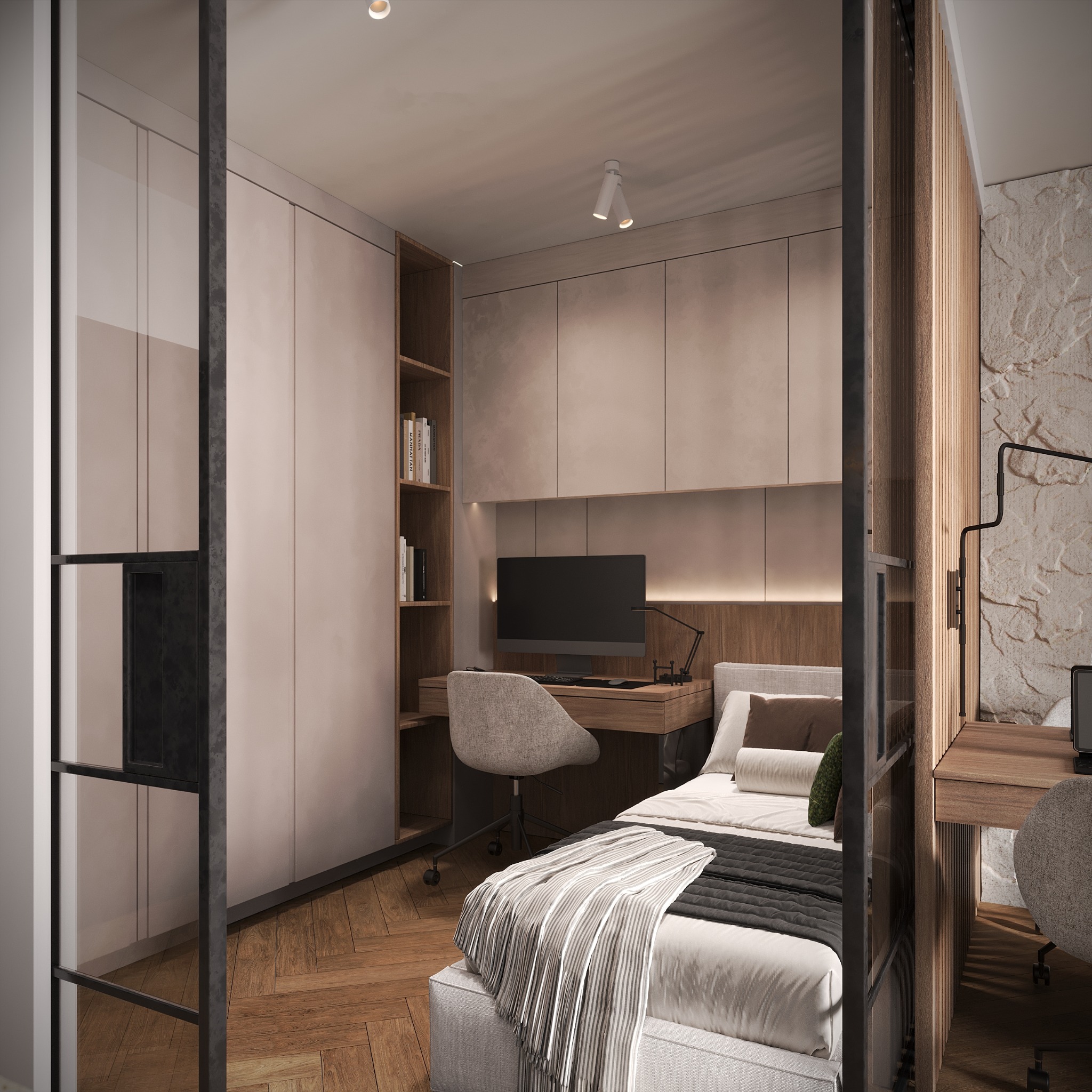 Nowoczesna sypialnia z miejscem do pracy: biurko z komputerem, łóżko z narzutą, drewniana podłoga w jodełkę, stonowana kolorystyka, oświetlenie punktowe.