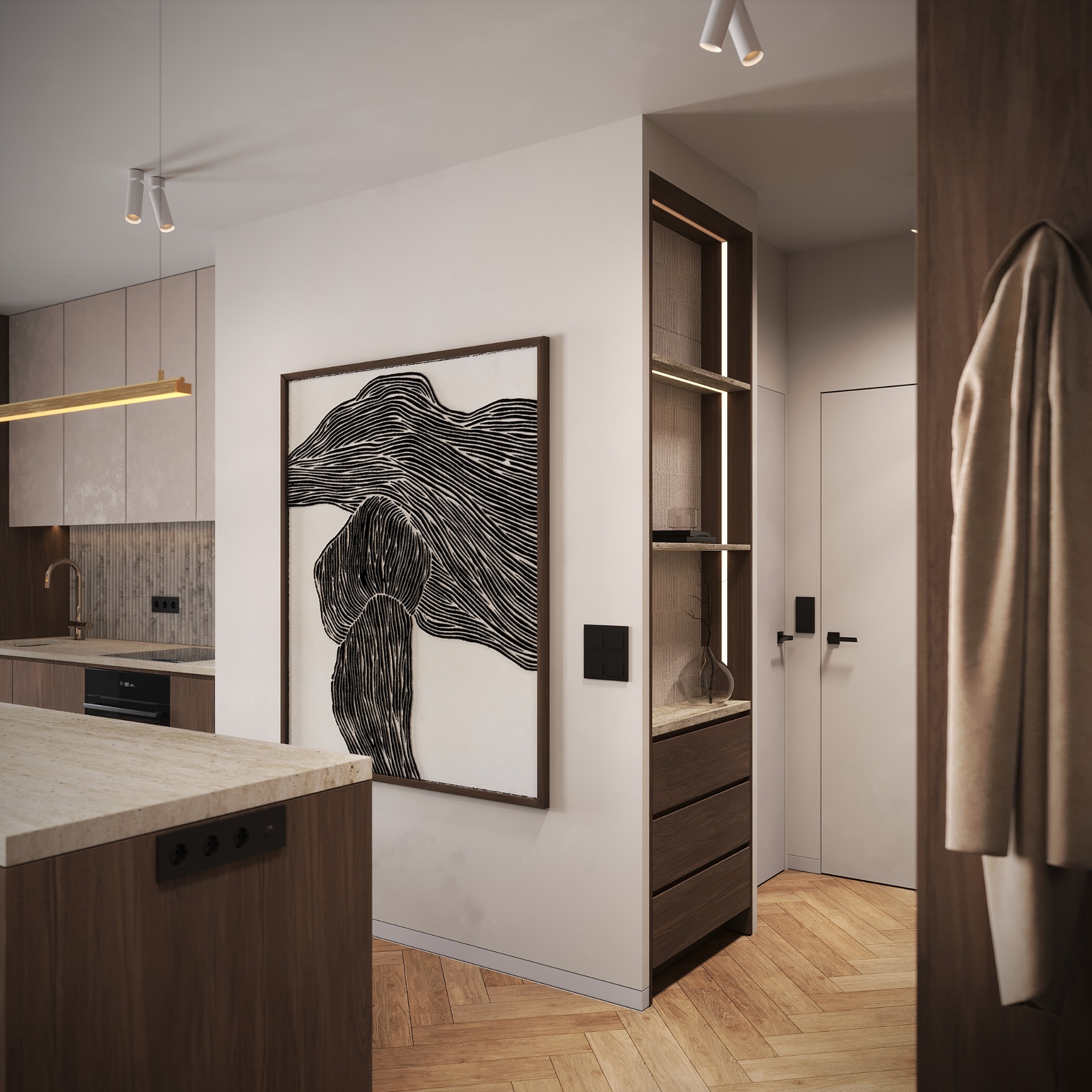 Nowoczesne wnętrze: kuchnia z wyspą, abstrakcyjny obraz na ścianie, drewniana podłoga w jodełkę i minimalistyczne oświetlenie punktowe. Ciepłe barwy i elegancki design.