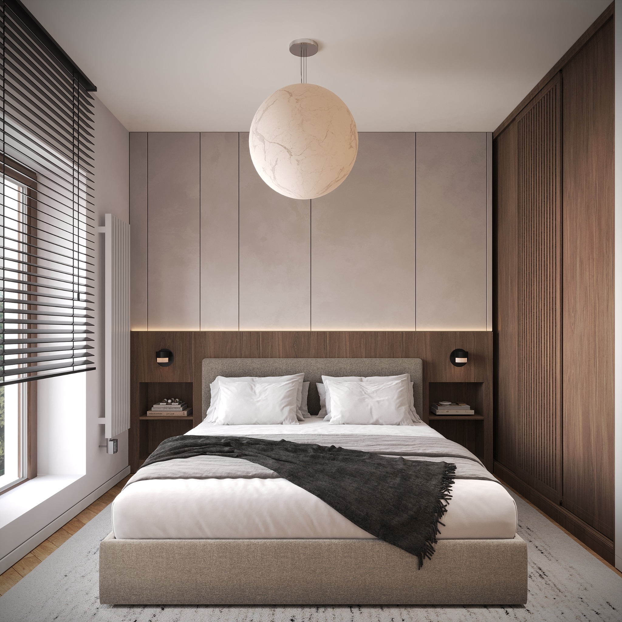 Nowoczesna sypialnia z łóżkiem, drewnianą zabudową i okrągłą lampą. Minimalistyczny design z żaluzjami w oknie i subtelnym oświetleniem.