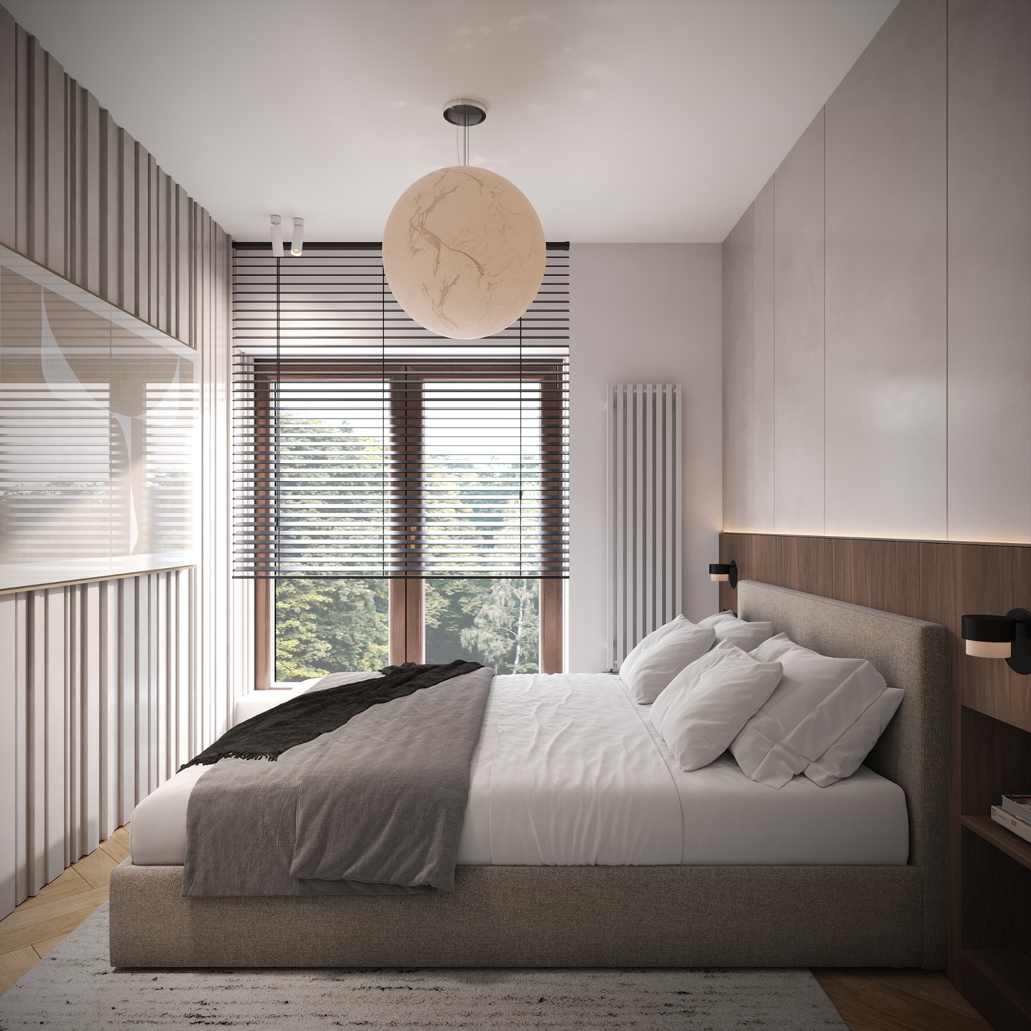 Nowoczesna sypialnia z łóżkiem kontynentalnym, drewnianymi żaluzjami i okrągłą lampą. Minimalistyczny design z akcentami drewna i stonowaną kolorystyką.