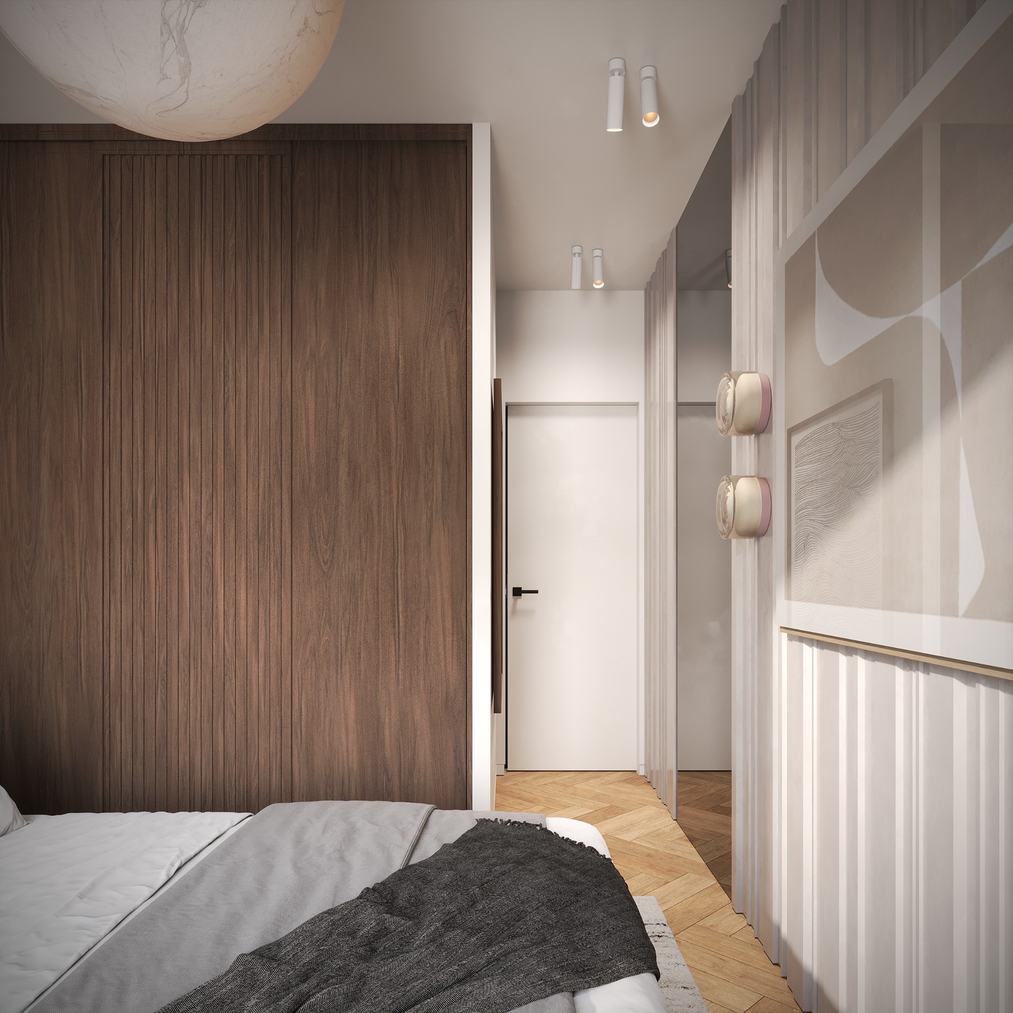 Nowoczesna sypialnia z drewnianą zabudową ścienną, parkietem w jodełkę i minimalistycznym oświetleniem. Na ścianie abstrakcyjny obraz i dekoracyjne kinkiety.