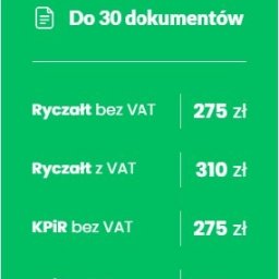 Biuro Rachunkowe GRAPETAX Marcel Zapolski - Grafika z cennikiem usług: ryczałt i KPiR (do 30 dokumentów) z VAT i bez VAT. Kolorystyka: zielono-żółta. Oznaczenie 'Najpopularniejszy' w górnej części.