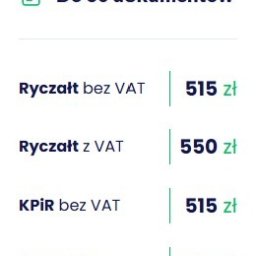 Biuro Rachunkowe GRAPETAX Marcel Zapolski - Cennik usług księgowych: ryczałt bez VAT 515 zł, ryczałt z VAT 550 zł, KPiR bez VAT 515 zł, KPiR z VAT 550 zł. Ikona dokumentów w górnym lewym rogu.