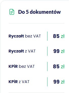 Cennik usług księgowych: ryczałt bez VAT 85 zł, ryczałt z VAT 99 zł, KPiR bez VAT 85 zł, KPiR z VAT 99 zł. Oferta do 5 dokumentów.