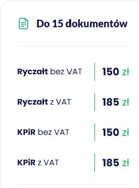 Cennik usług księgowych: ryczałt bez VAT 150 zł, ryczałt z VAT 185 zł, KPiR bez VAT 150 zł, KPiR z VAT 185 zł. Informacja o możliwości obsługi do 15 dokumentów.