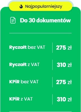 Grafika z cennikiem usług: ryczałt i KPiR (do 30 dokumentów) z VAT i bez VAT. Kolorystyka: zielono-żółta. Oznaczenie 'Najpopularniejszy' w górnej części.