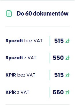Cennik usług księgowych: ryczałt bez VAT 515 zł, ryczałt z VAT 550 zł, KPiR bez VAT 515 zł, KPiR z VAT 550 zł. Ikona dokumentów w górnym lewym rogu.