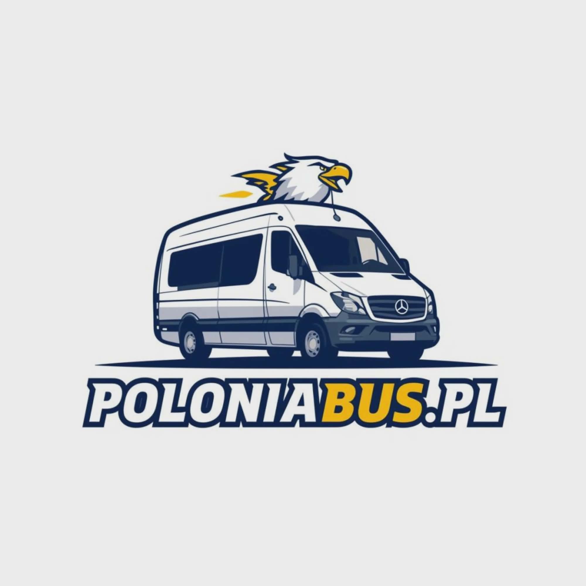 Grafika przedstawia biały bus z logiem firmy PoloniaBus.pl, na dachu busa umieszczona jest grafika orła. Całość na jasnym tle.