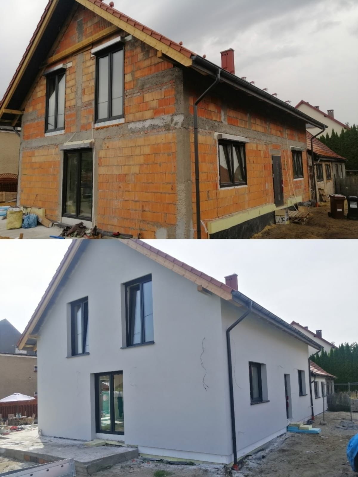 Dom jednorodzinny przed i po ociepleniu elewacji. Górna część ukazuje surową cegłę, dolna - budynek z jasną, gładką elewacją. Widoczne czarne ramy okienne i czerwona dachówka.