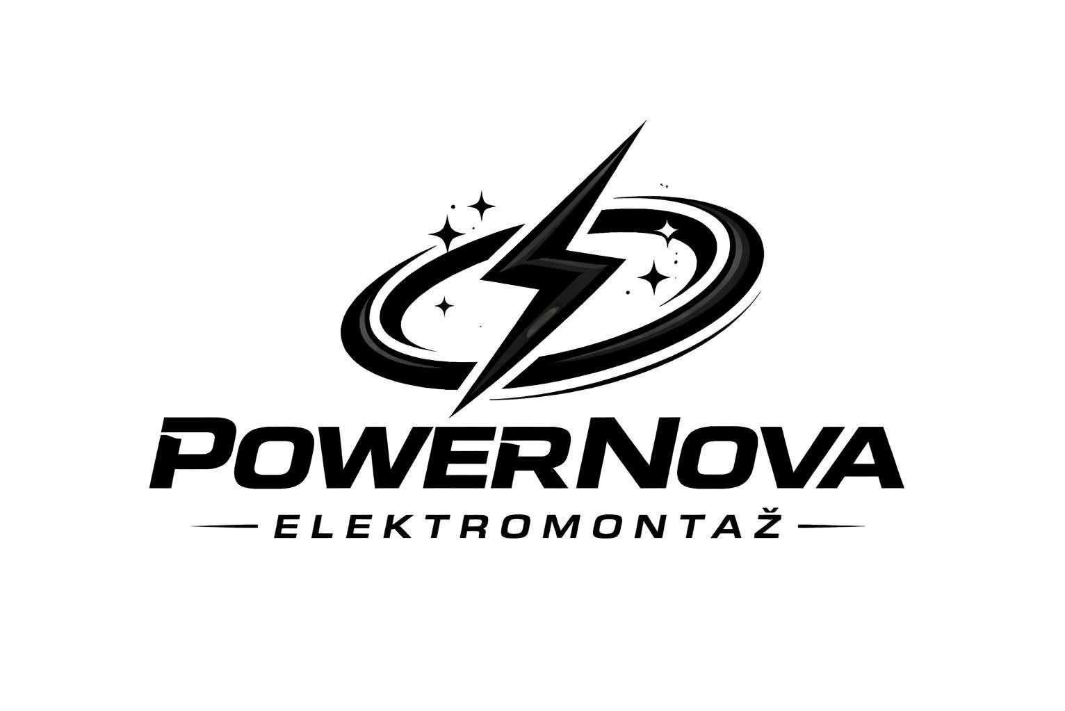 Logo firmy PowerNova Elektromontaż: stylizowany błyskawica w okręgu z gwiazdami, nazwa firmy i podtytuł. Czarno-biała grafika na jasnym tle.