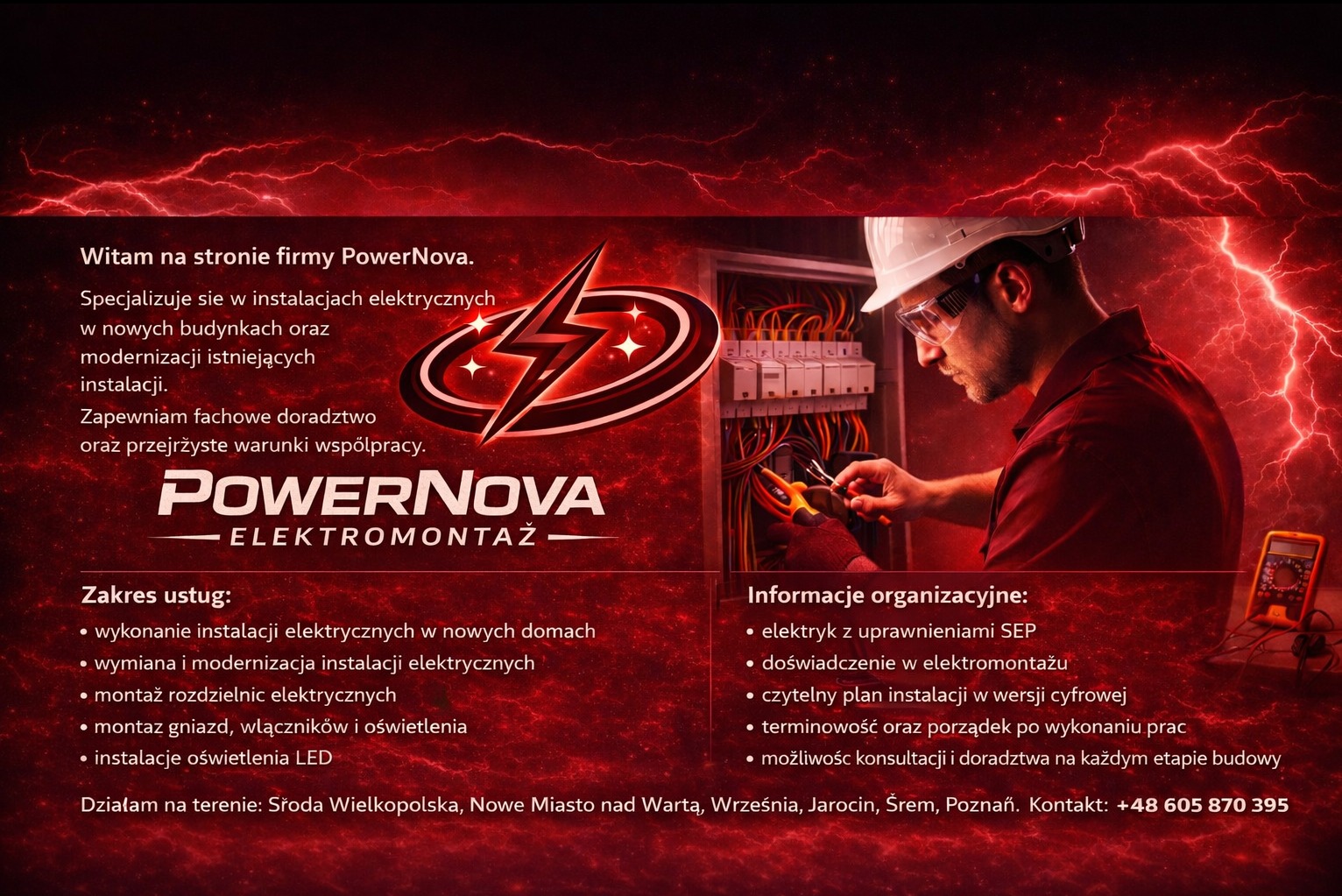 Elektryk w kasku i okularach ochronnych pracuje przy rozdzielnicy elektrycznej. W tle logo firmy PowerNova i informacje o zakresie usług.