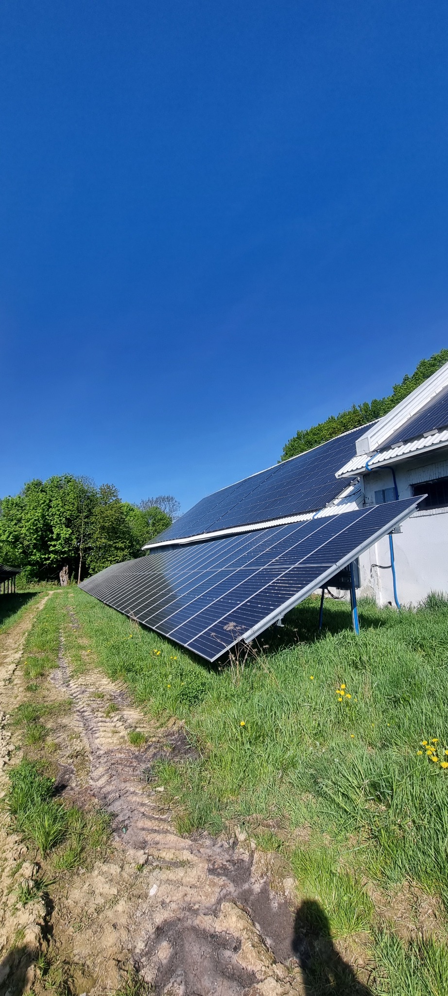 Panele słoneczne zamontowane na gruncie obok budynku gospodarczego, widoczne ślady opon na trawie, błękitne niebo w tle. Ujęcie z dołu, podkreślające instalację.