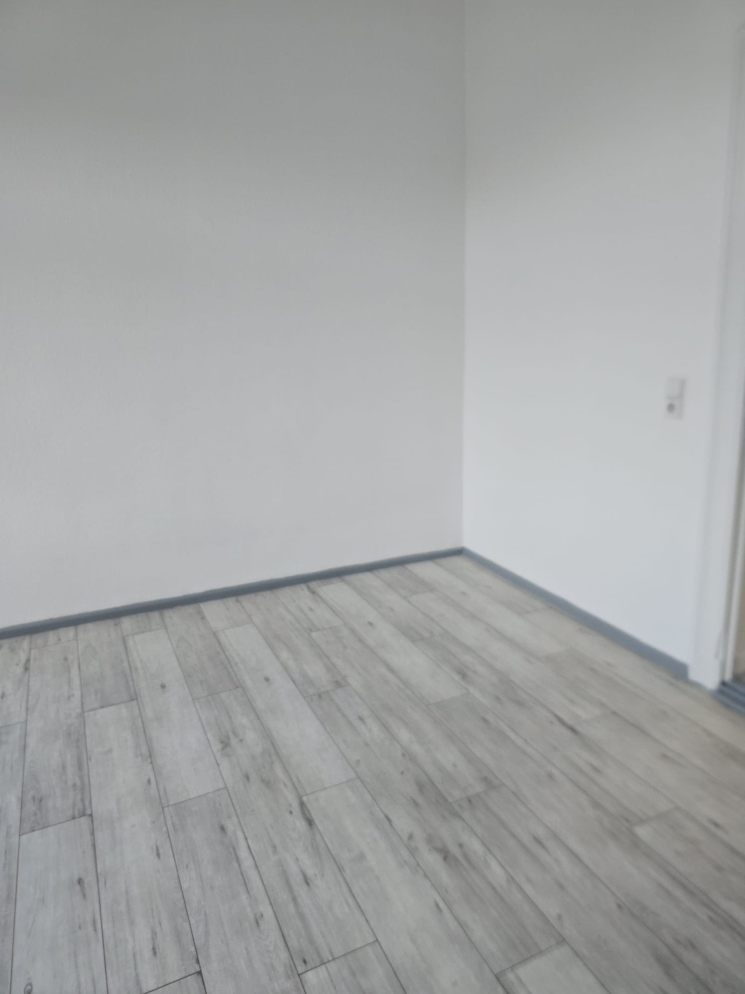 Jasne panele podłogowe ułożone w pustym, pomalowanym na biało pokoju. Widoczna listwa przypodłogowa i fragment drzwi po prawej stronie kadru.