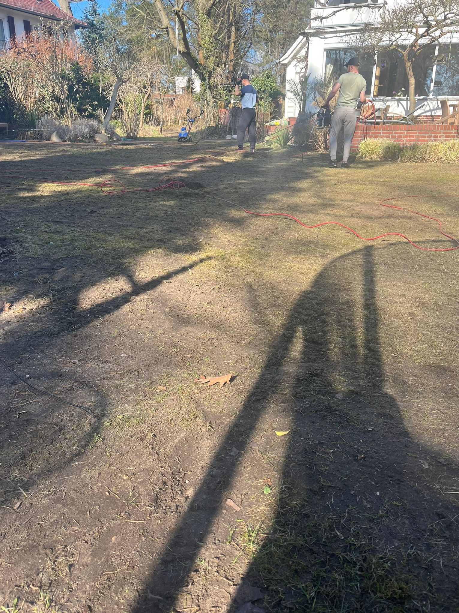 Pracownicy w ogrodzie używają maszyn do przygotowania terenu pod trawnik. Czerwony kabel na trawie. Duże cienie drzew na pierwszym planie. Dom z białymi oknami w tle.